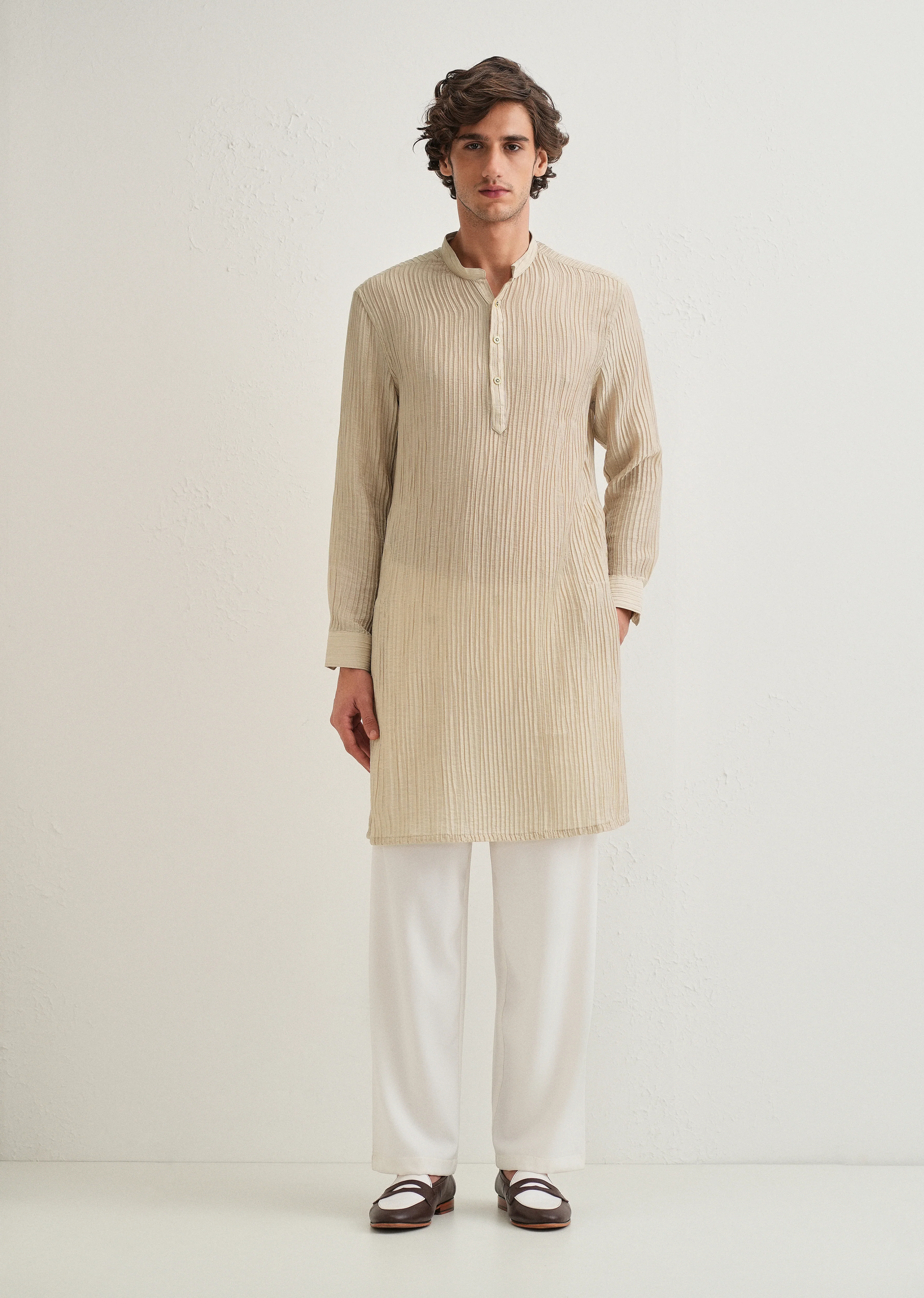 Tan Beige Crinkled Stripe Kurta - Image 7