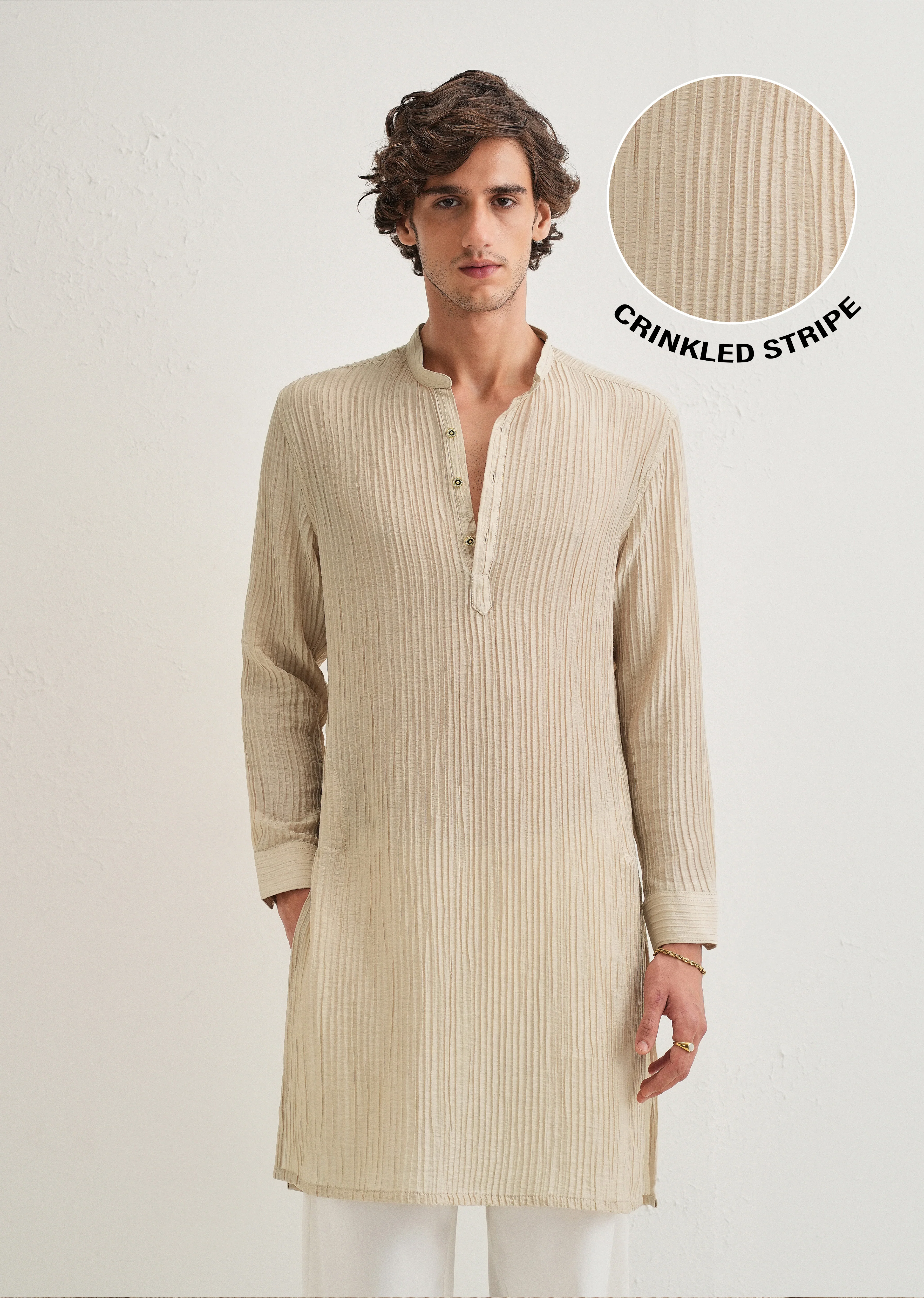 Tan Beige Crinkled Stripe Kurta - Image 8