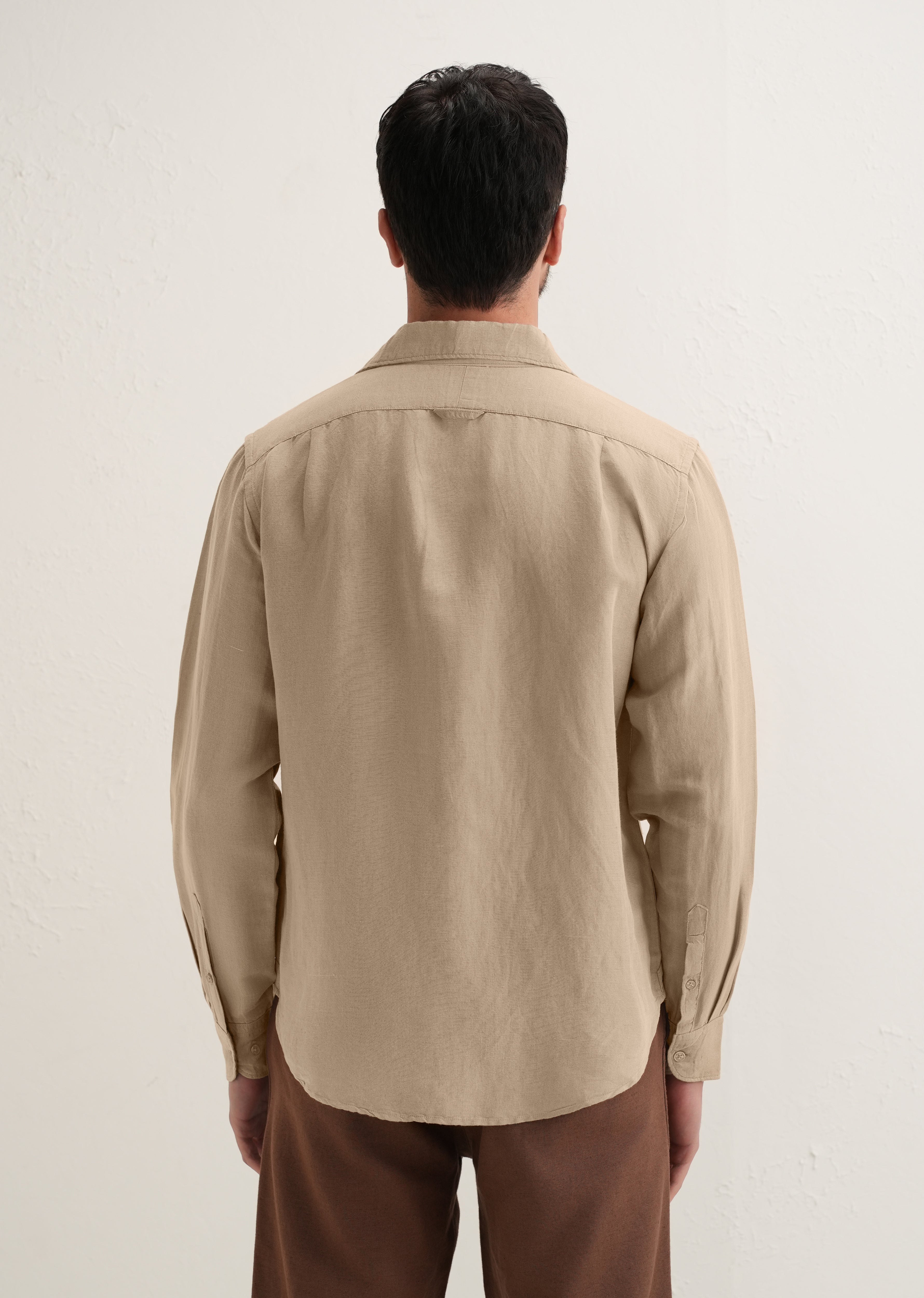 Tan Beige Plain Linen Viscose Shirt - Image 3