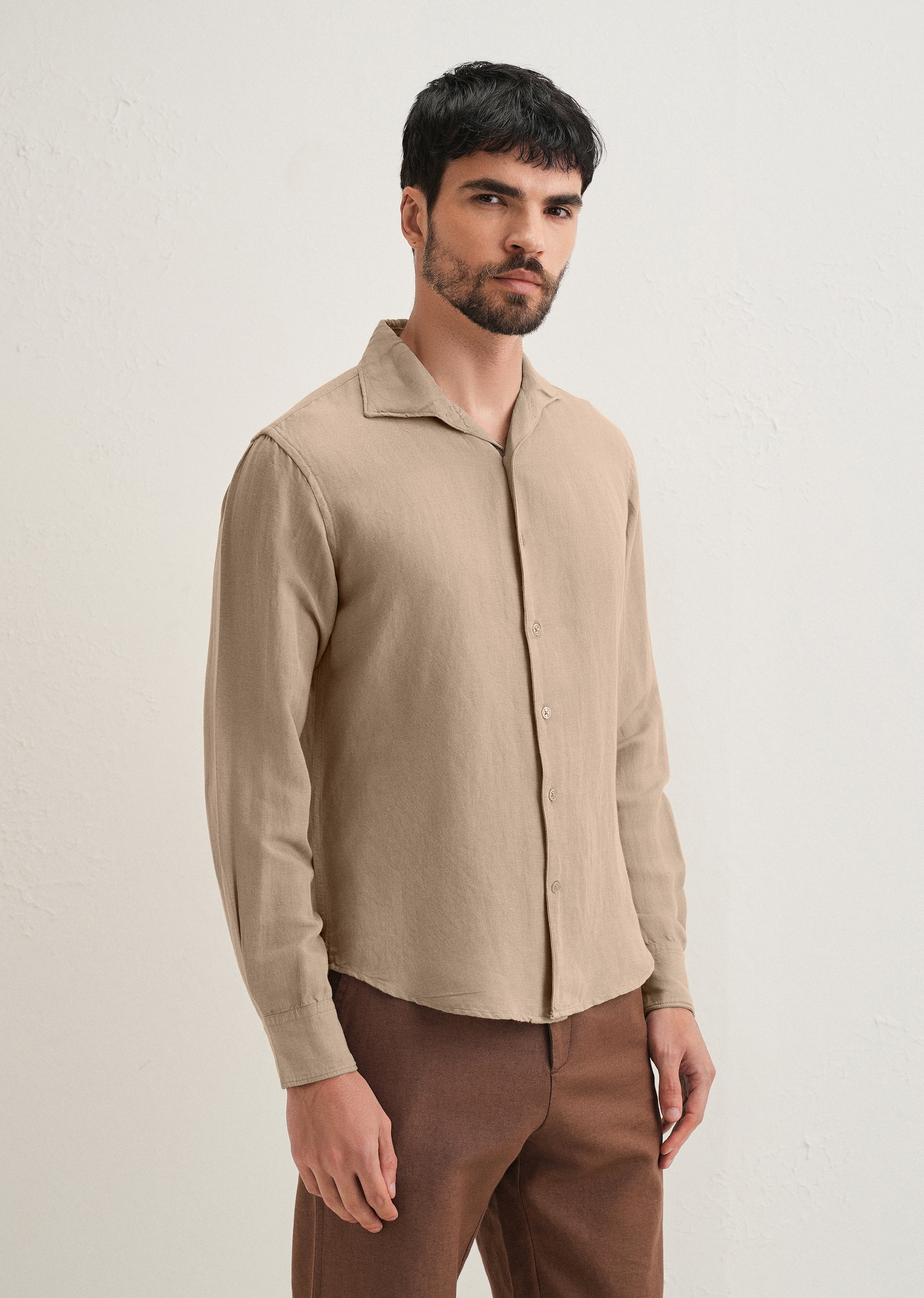 Tan Beige Plain Linen Viscose Shirt - Image 5