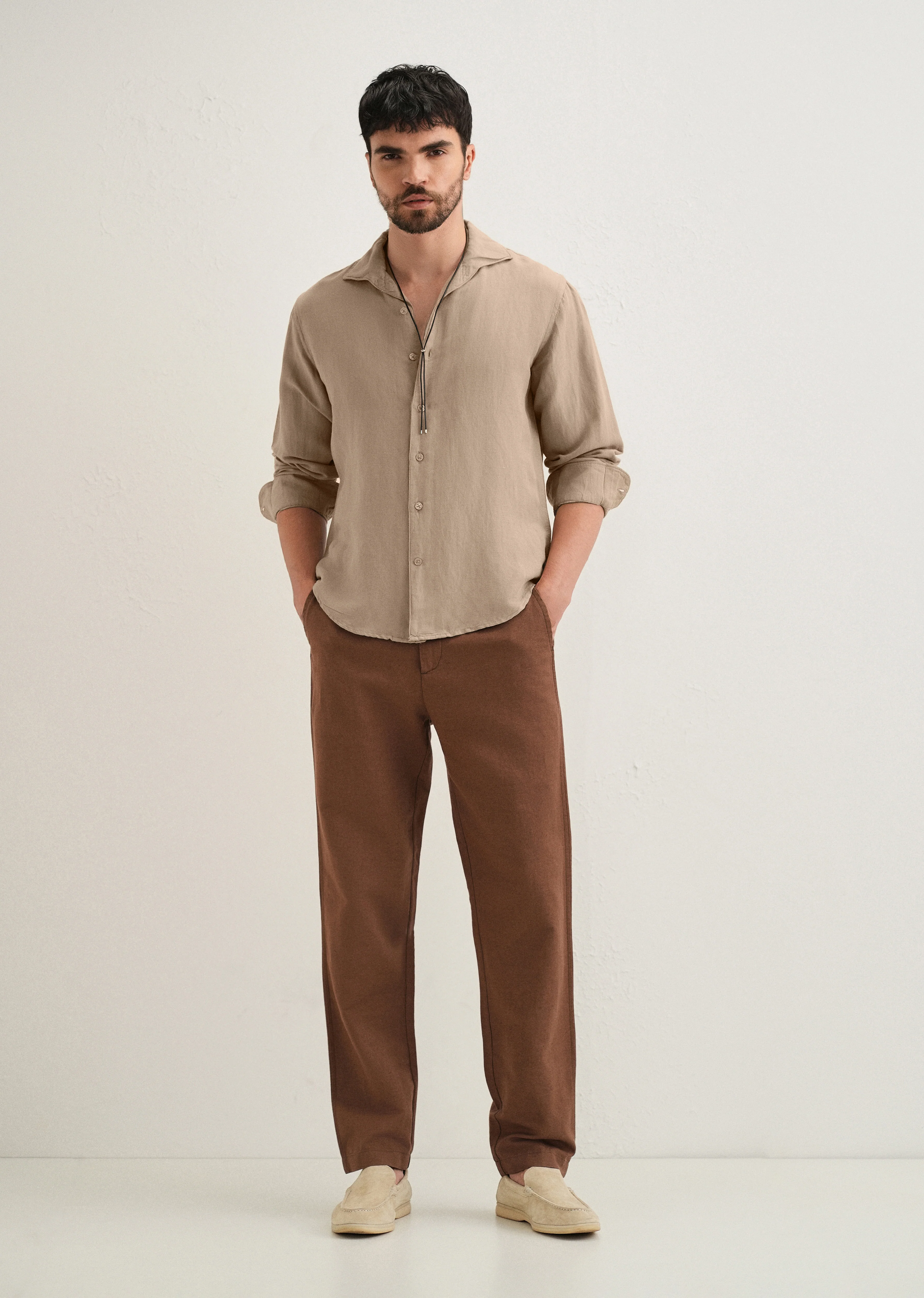Tan Beige Plain Linen Viscose Shirt - Image 6
