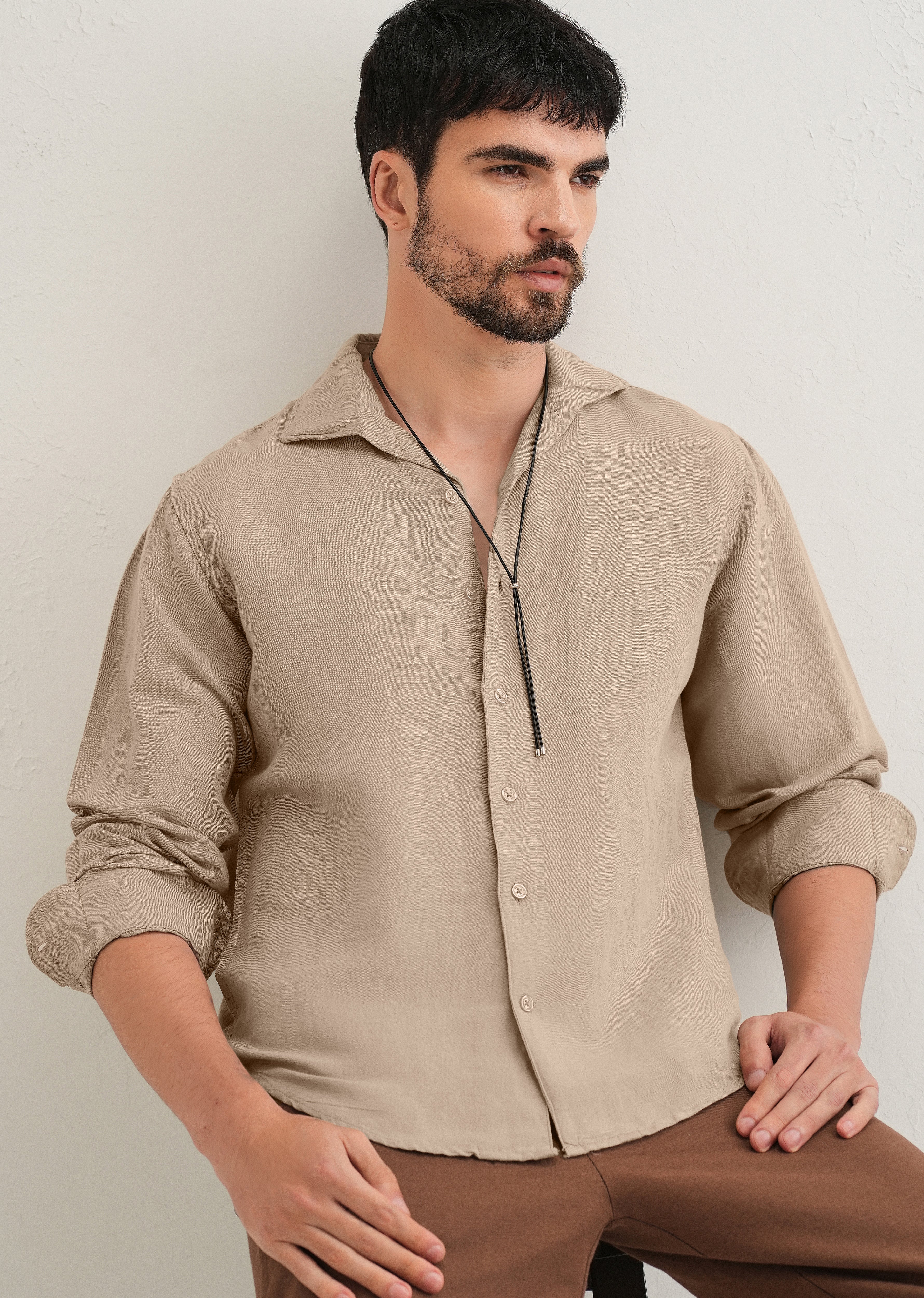 Tan Beige Plain Linen Viscose Shirt - Image 7