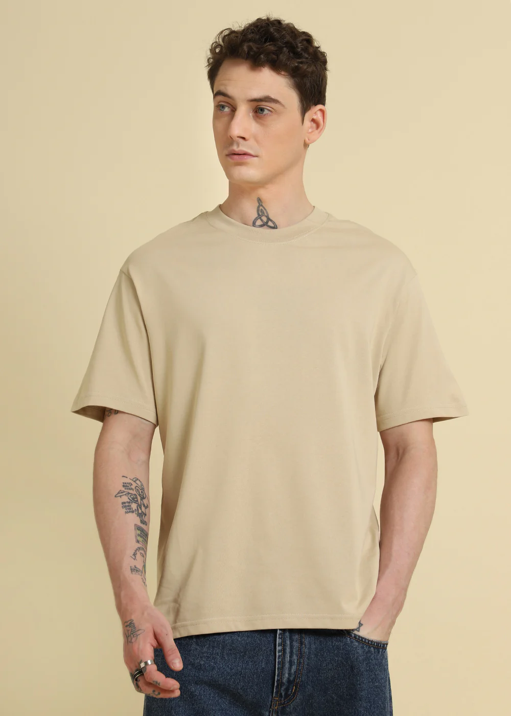 Tan Beige Plain Oversized T-shirt - Image 3