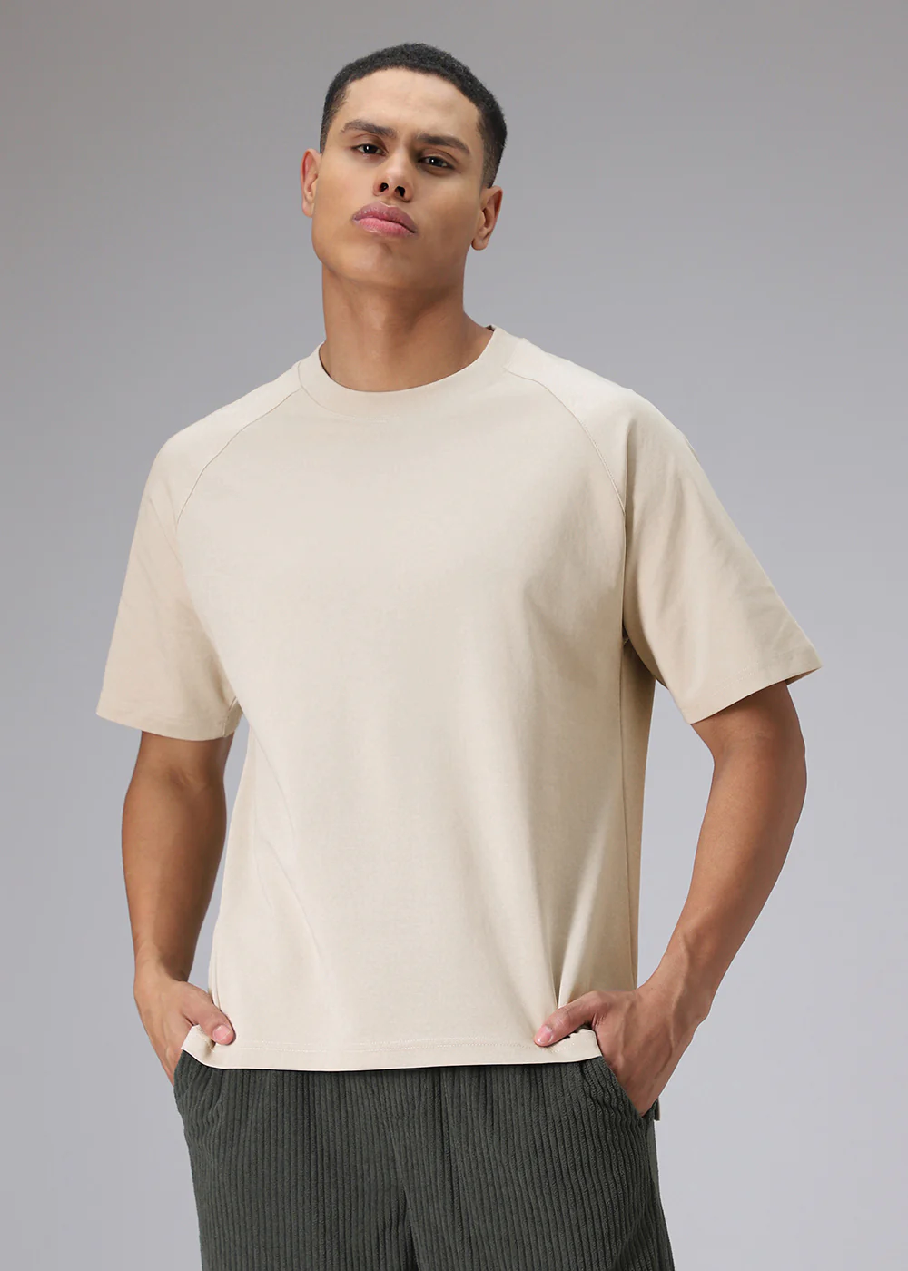 Tan Beige Plain Raglan Oversized T-shirt - Image 3