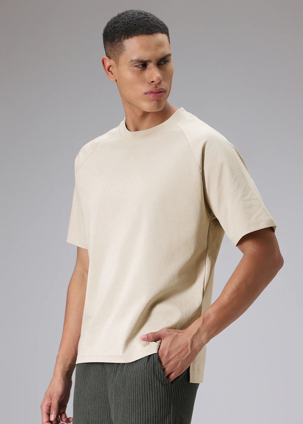 Tan Beige Plain Raglan Oversized T-shirt - Image 5