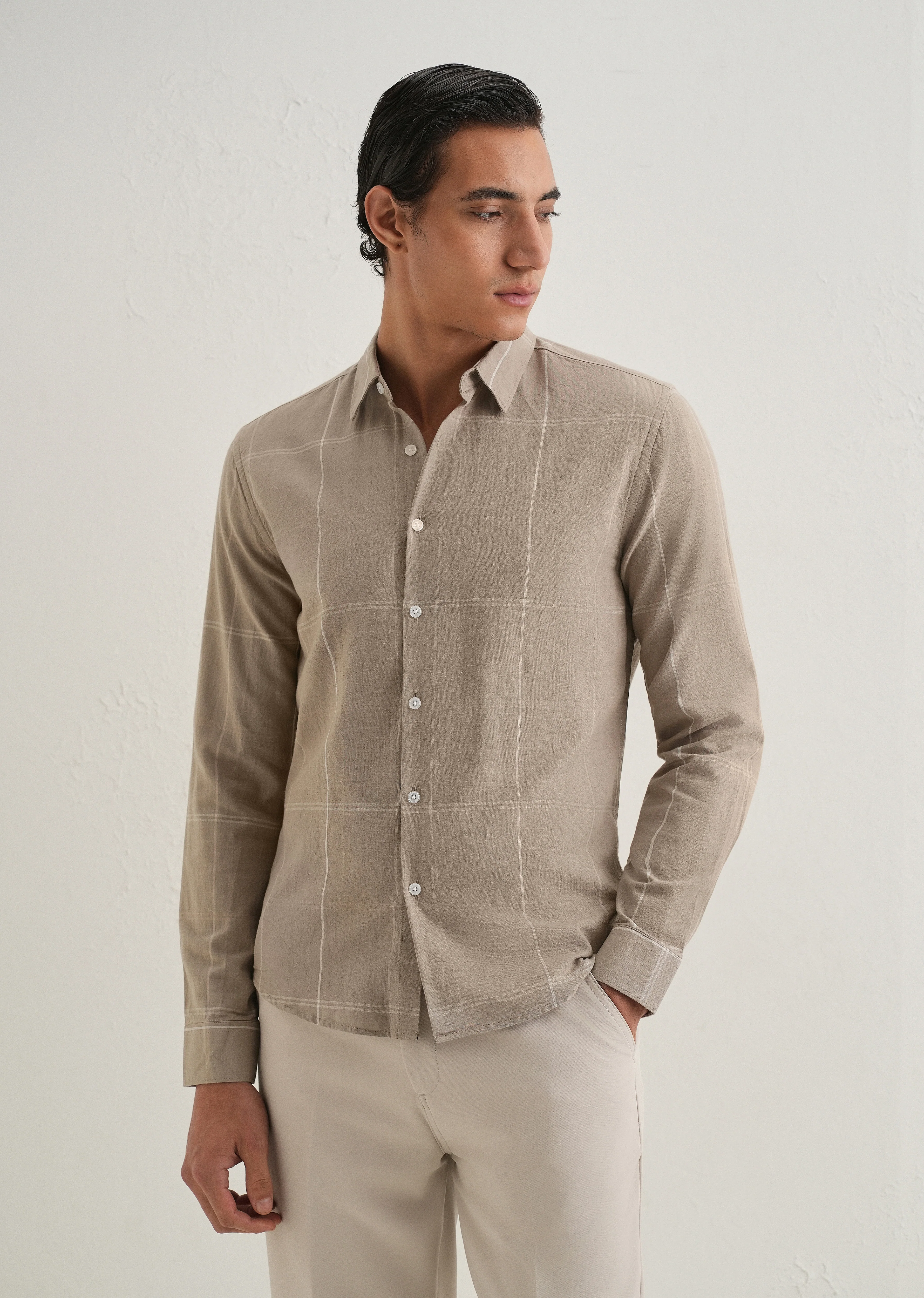 Tan Blended Linen Check Shirt - Image 3