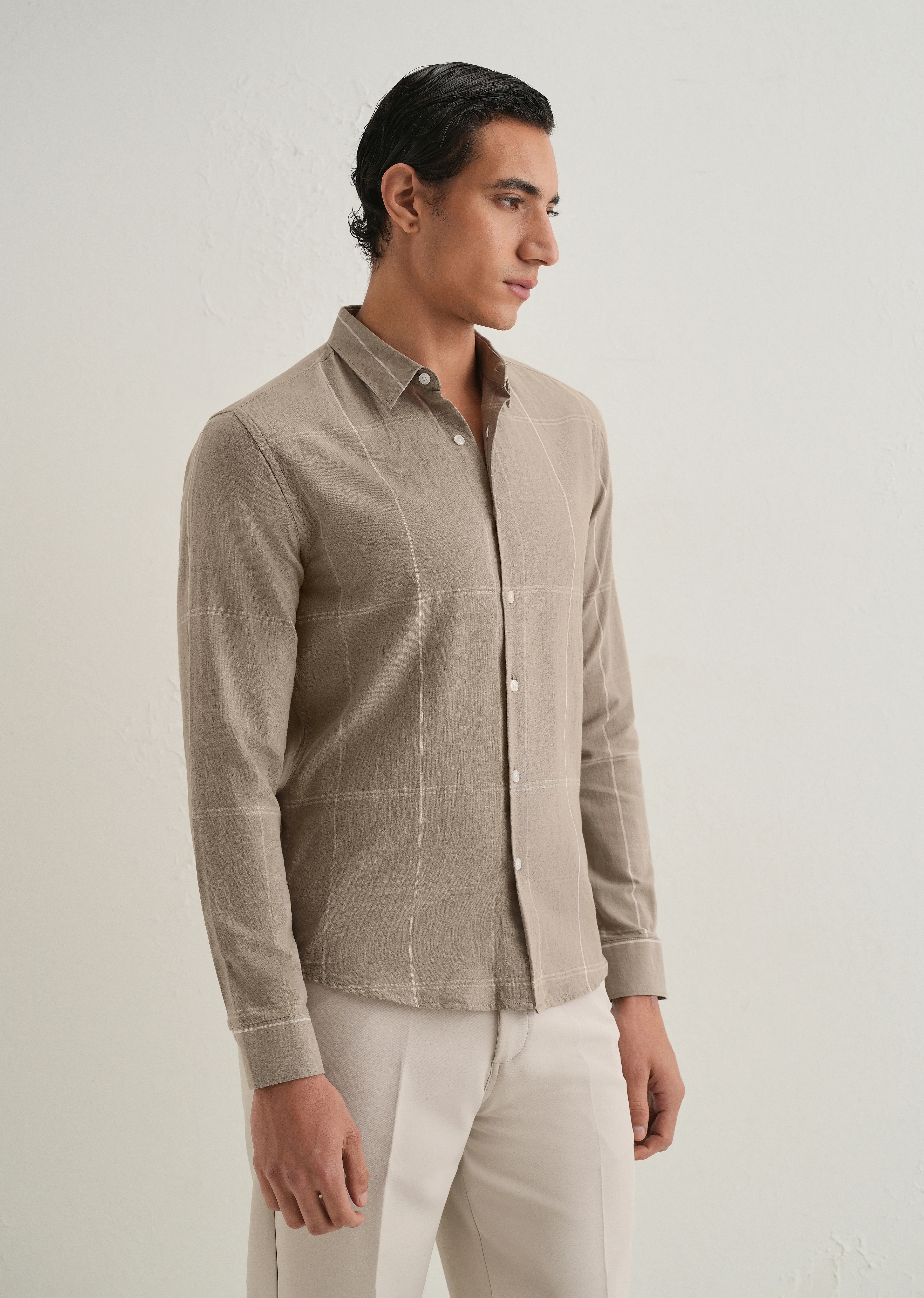 Tan Blended Linen Check Shirt - Image 4