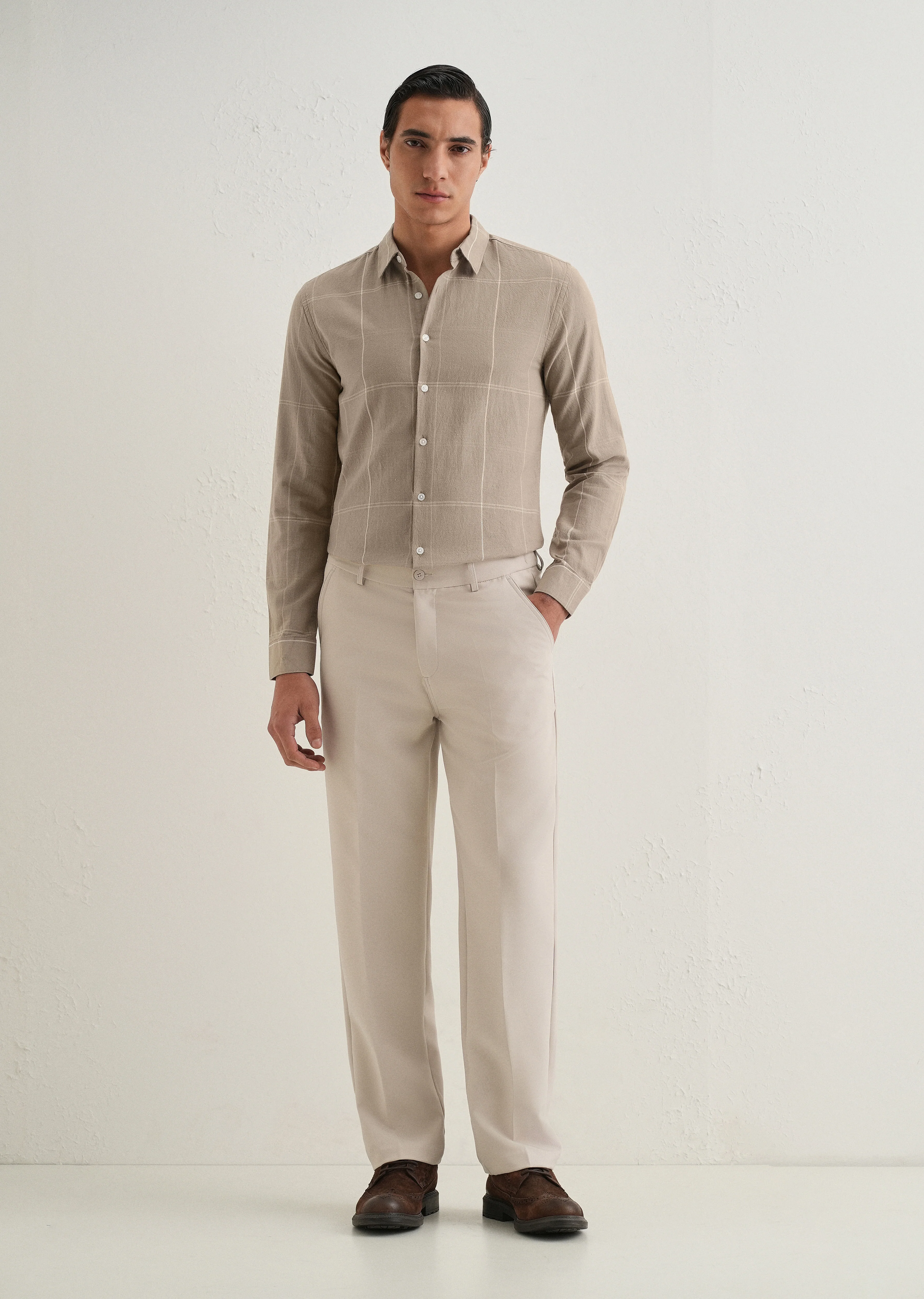 Tan Blended Linen Check Shirt - Image 6