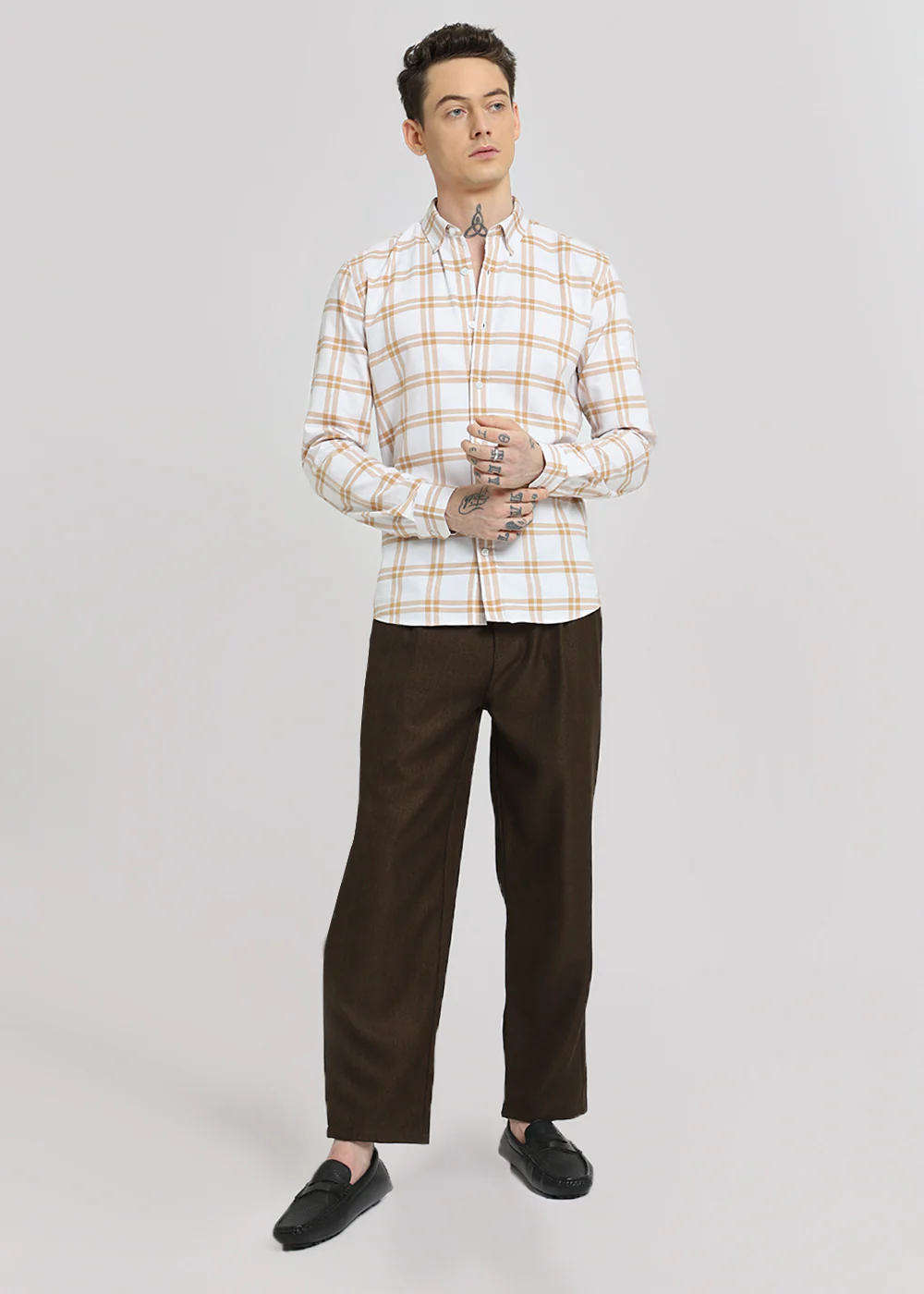 Tan Brown Oxford Cotton Check Shirt - Image 10