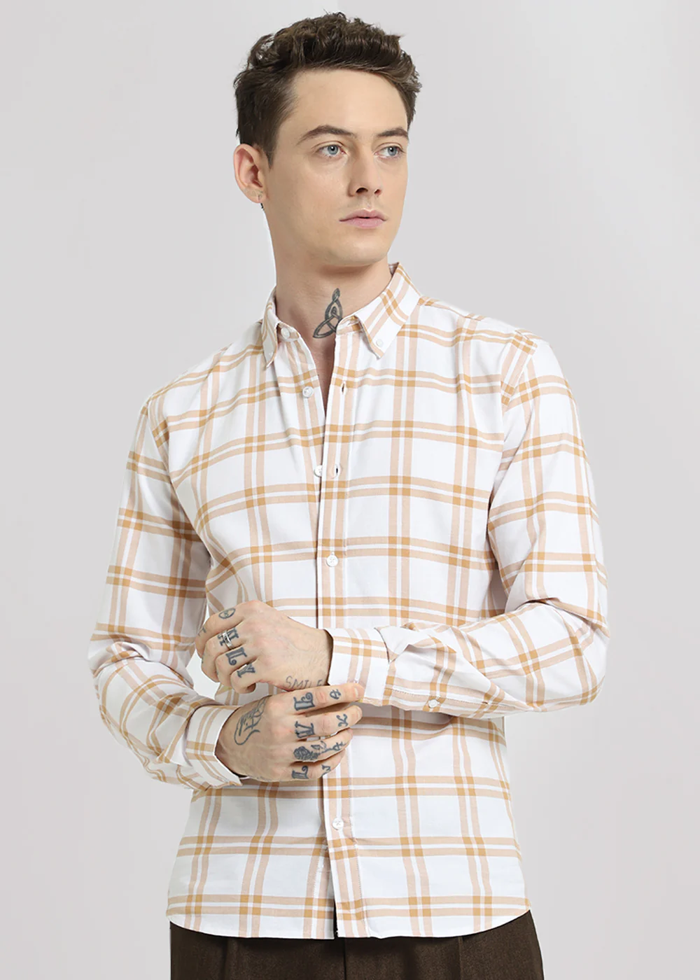 Tan Brown Oxford Cotton Check Shirt - Image 2