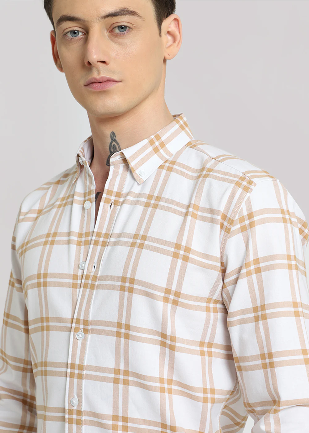 Tan Brown Oxford Cotton Check Shirt - Image 3