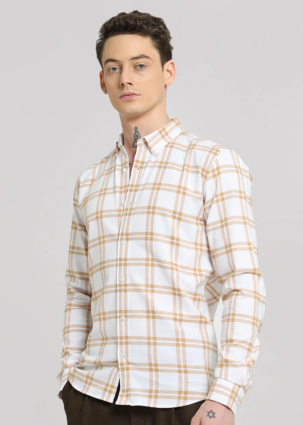 Tan Brown Oxford Cotton Check Shirt - Image 4