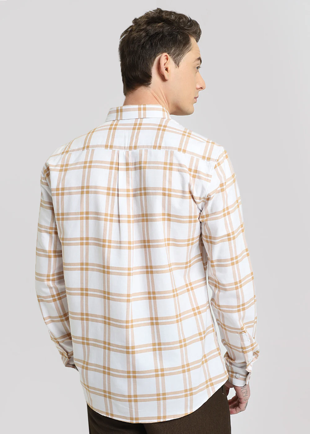 Tan Brown Oxford Cotton Check Shirt - Image 5