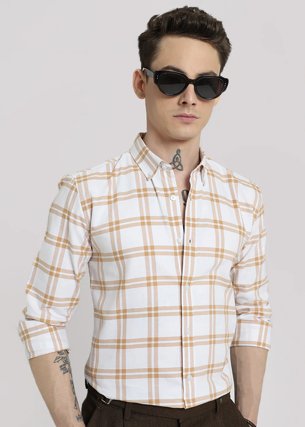 Tan Brown Oxford Cotton Check Shirt - Image 6