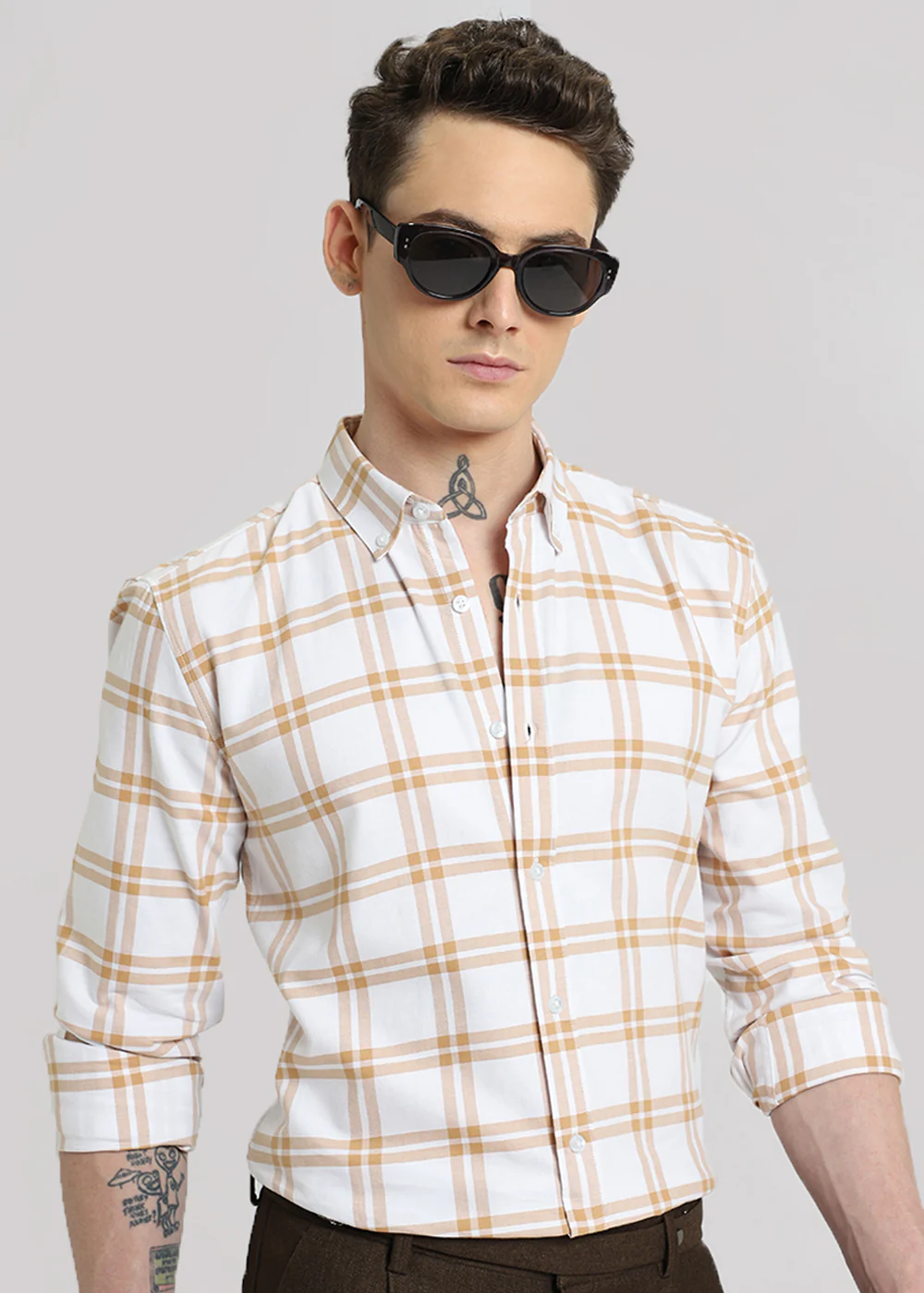 Tan Brown Oxford Cotton Check Shirt - Image 8