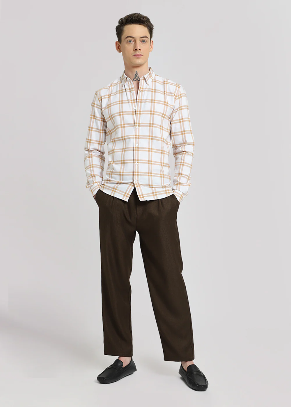 Tan Brown Oxford Cotton Check Shirt - Image 9