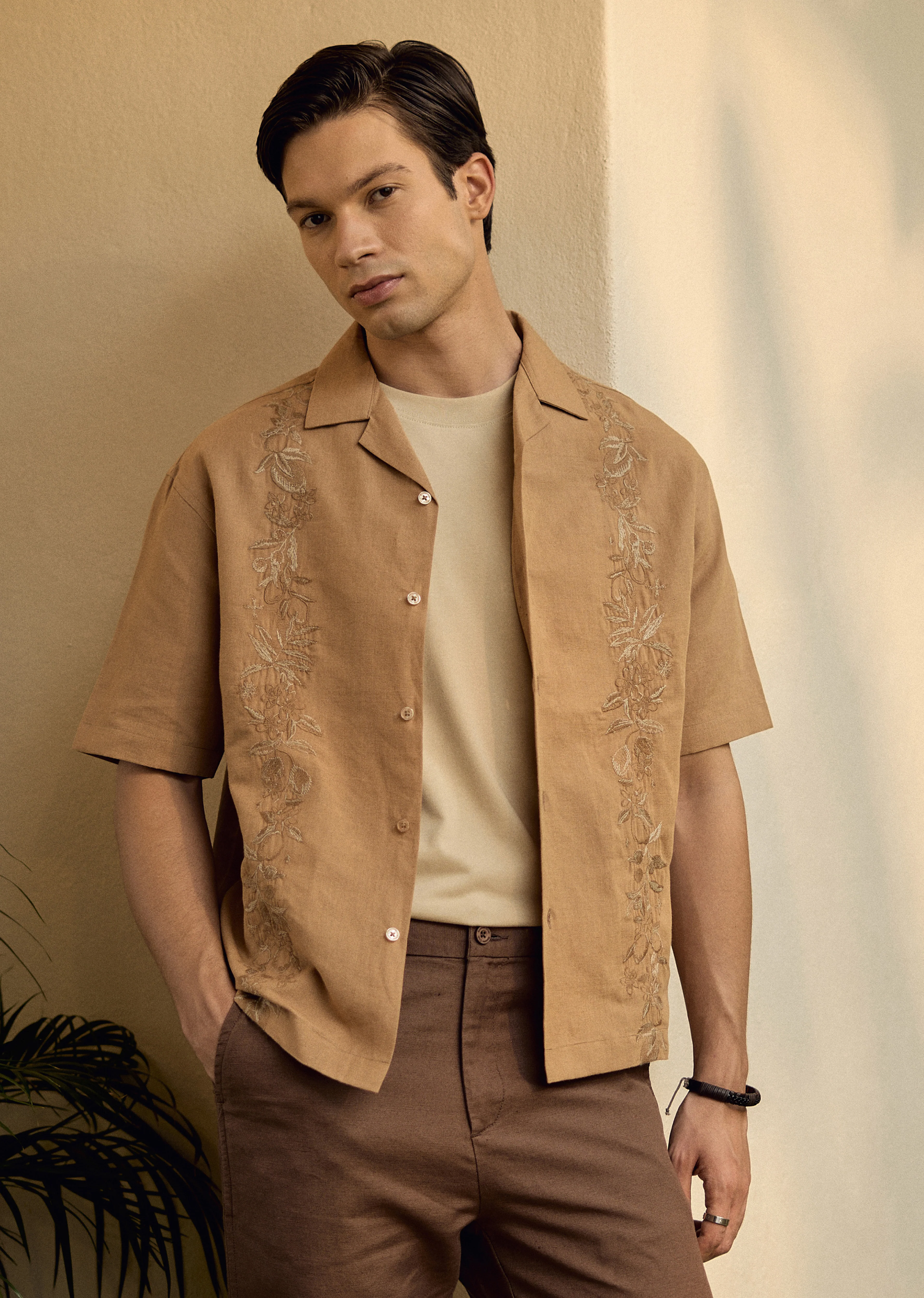Tan Embroidery Linen Shirt - Image 2