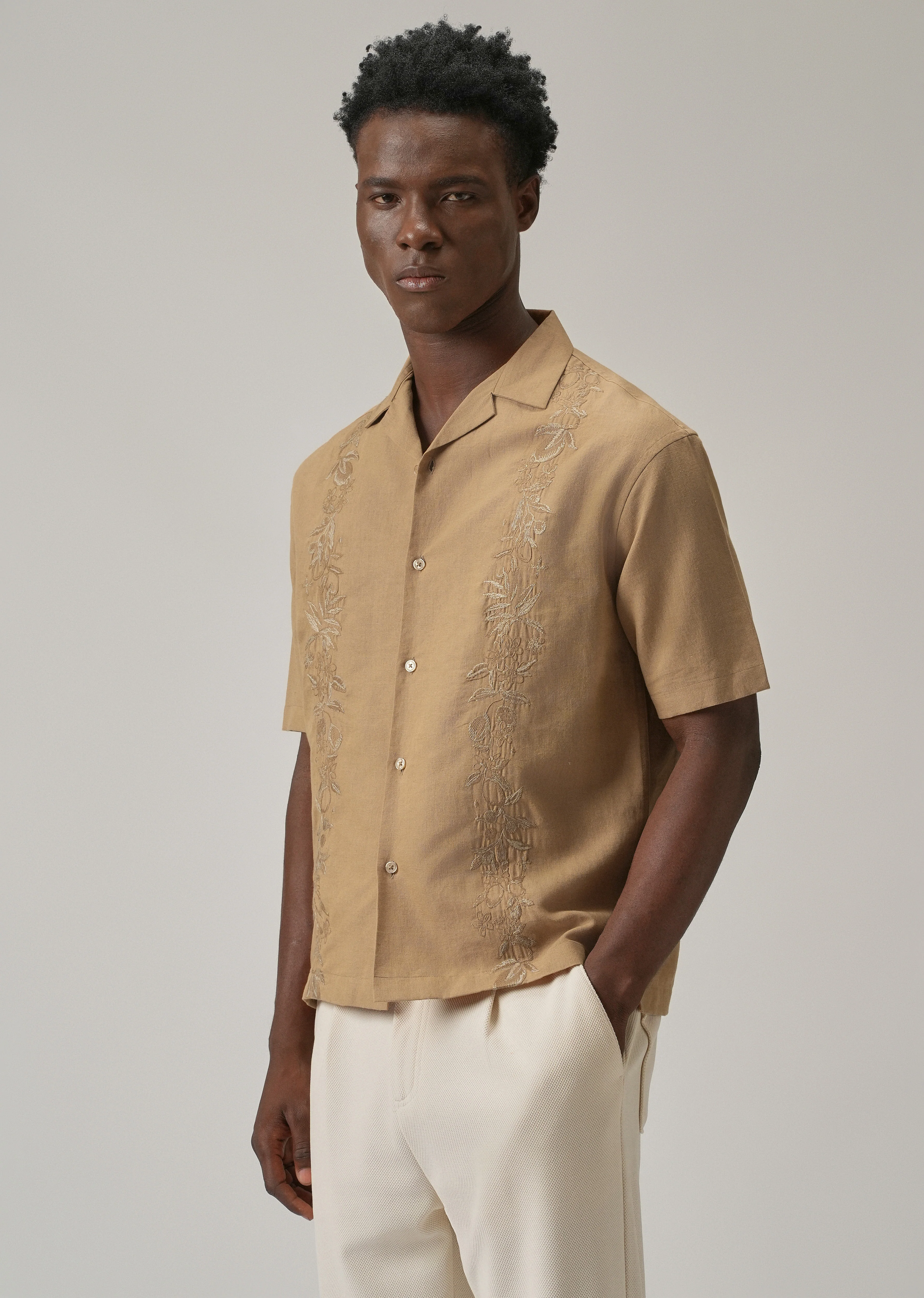 Tan Embroidery Linen Shirt - Image 4
