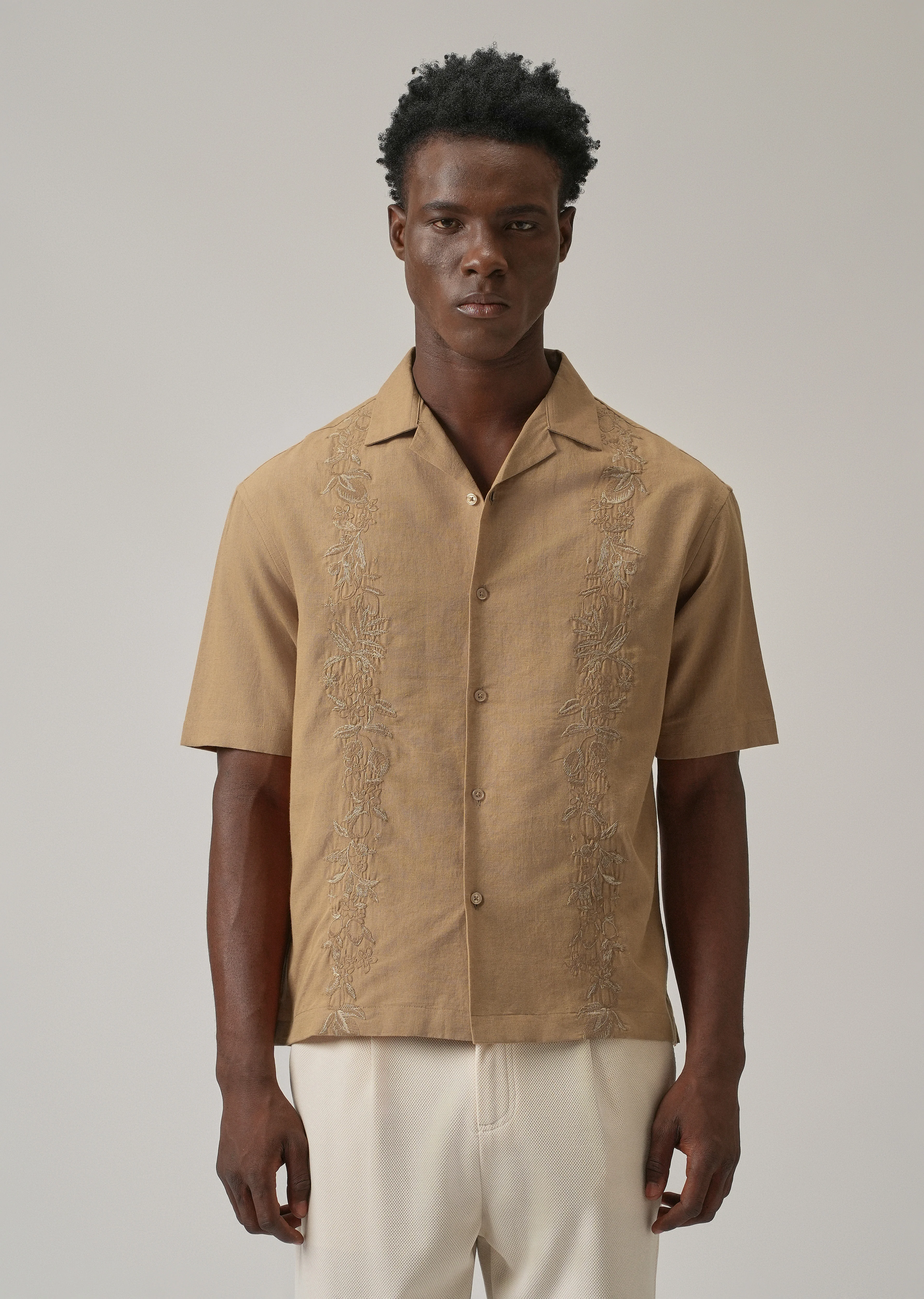 Tan Embroidery Linen Shirt - Image 5