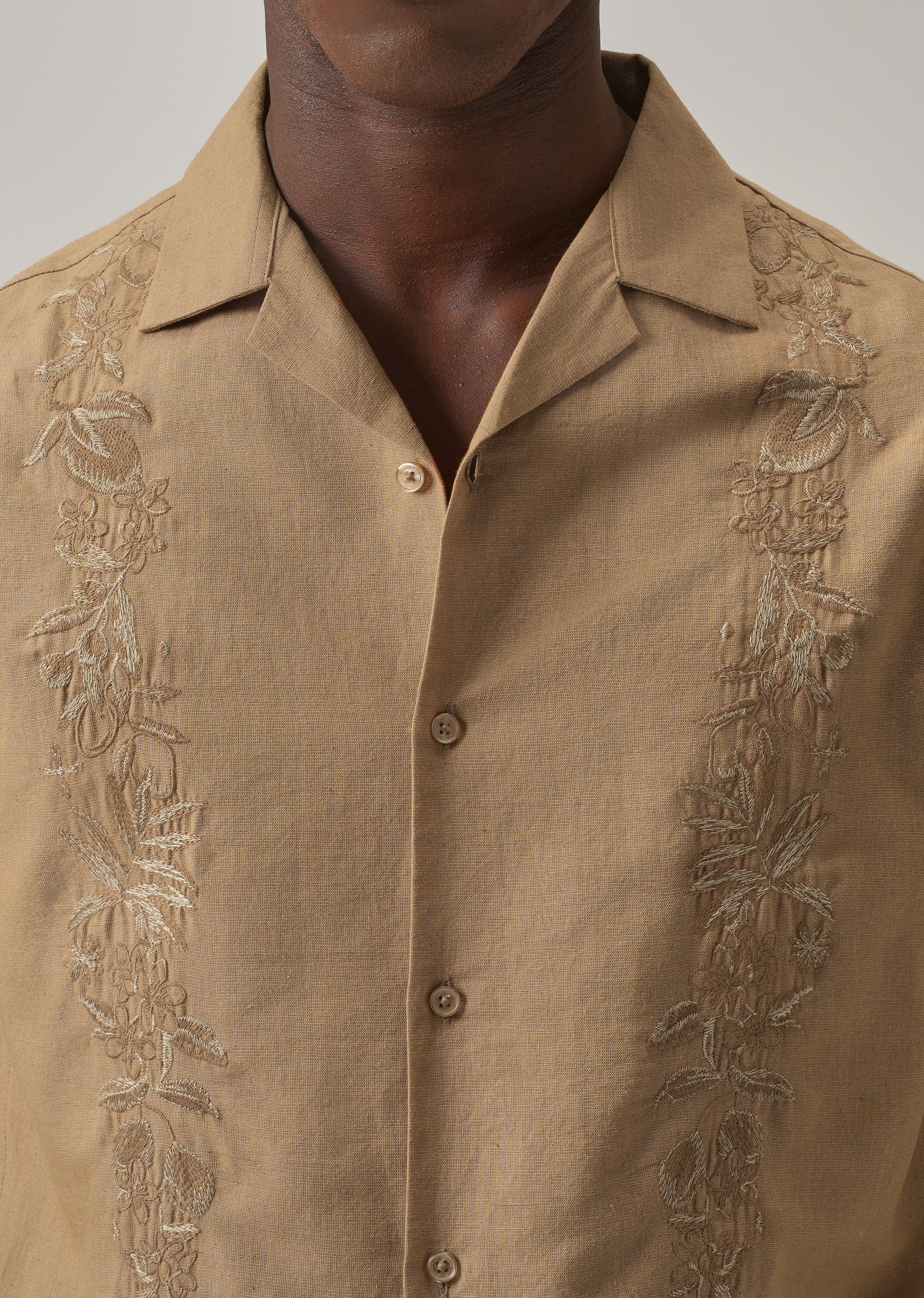 Tan Embroidery Linen Shirt - Image 6