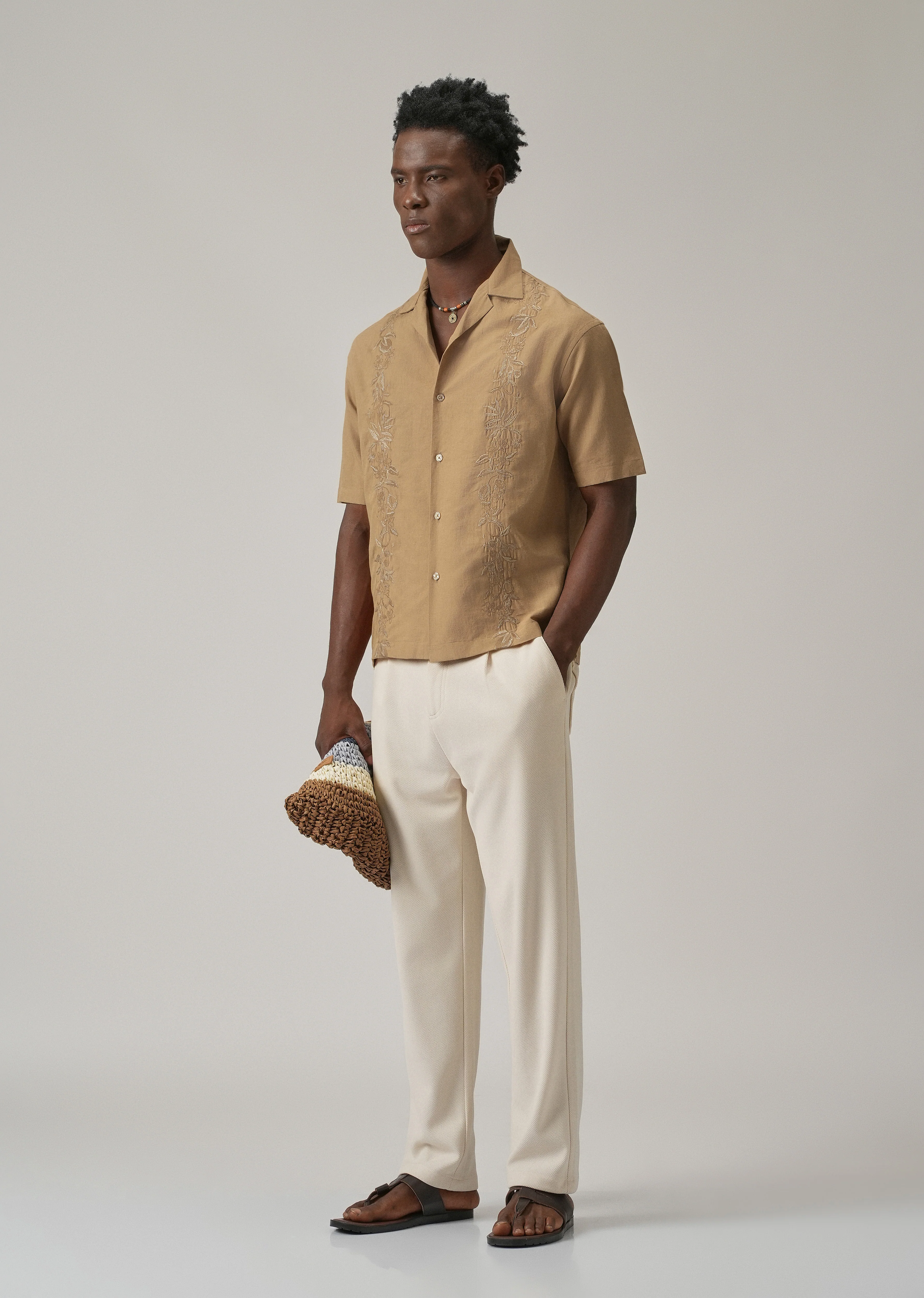 Tan Embroidery Linen Shirt - Image 7