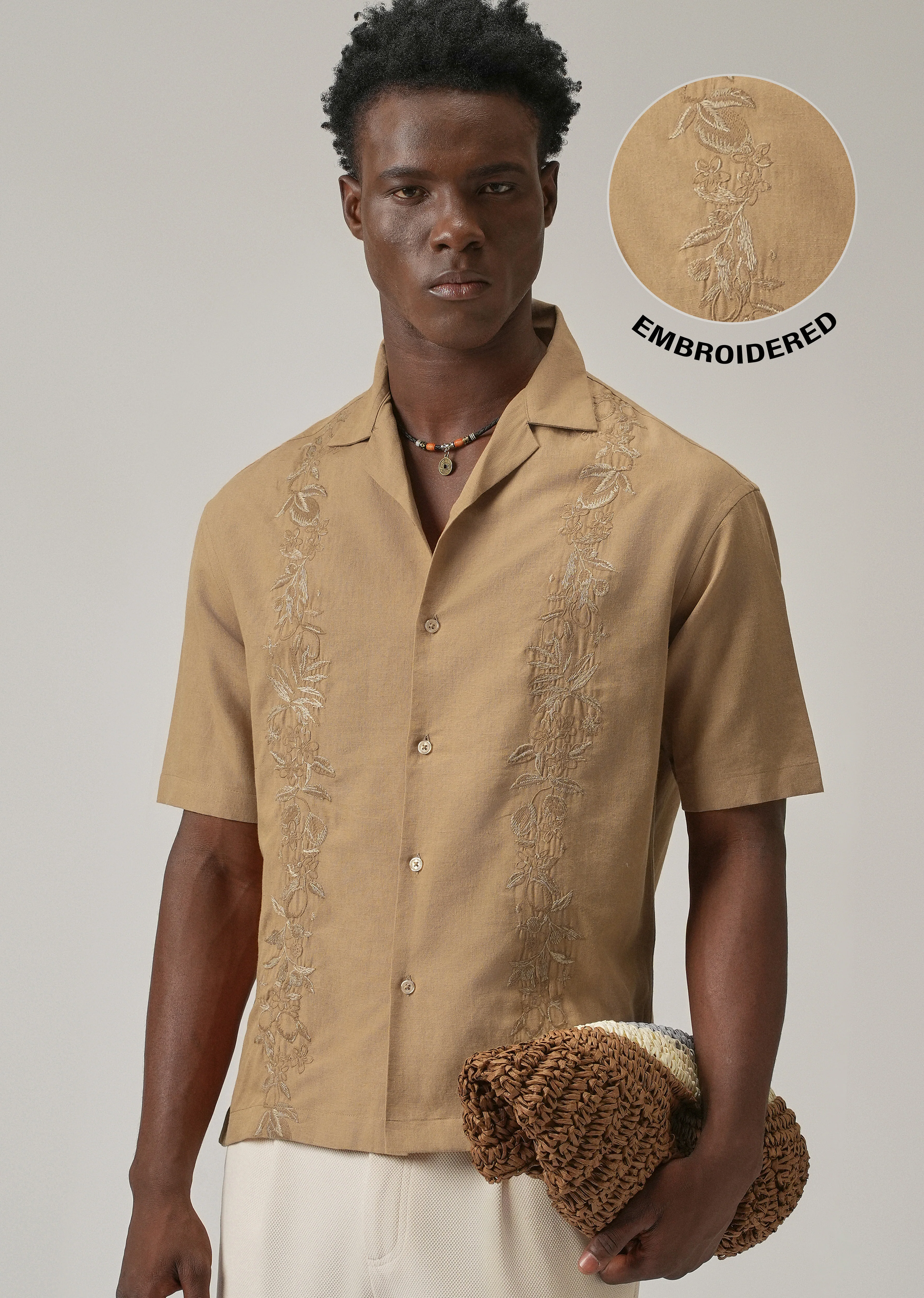 Tan Embroidery Linen Shirt - Image 8