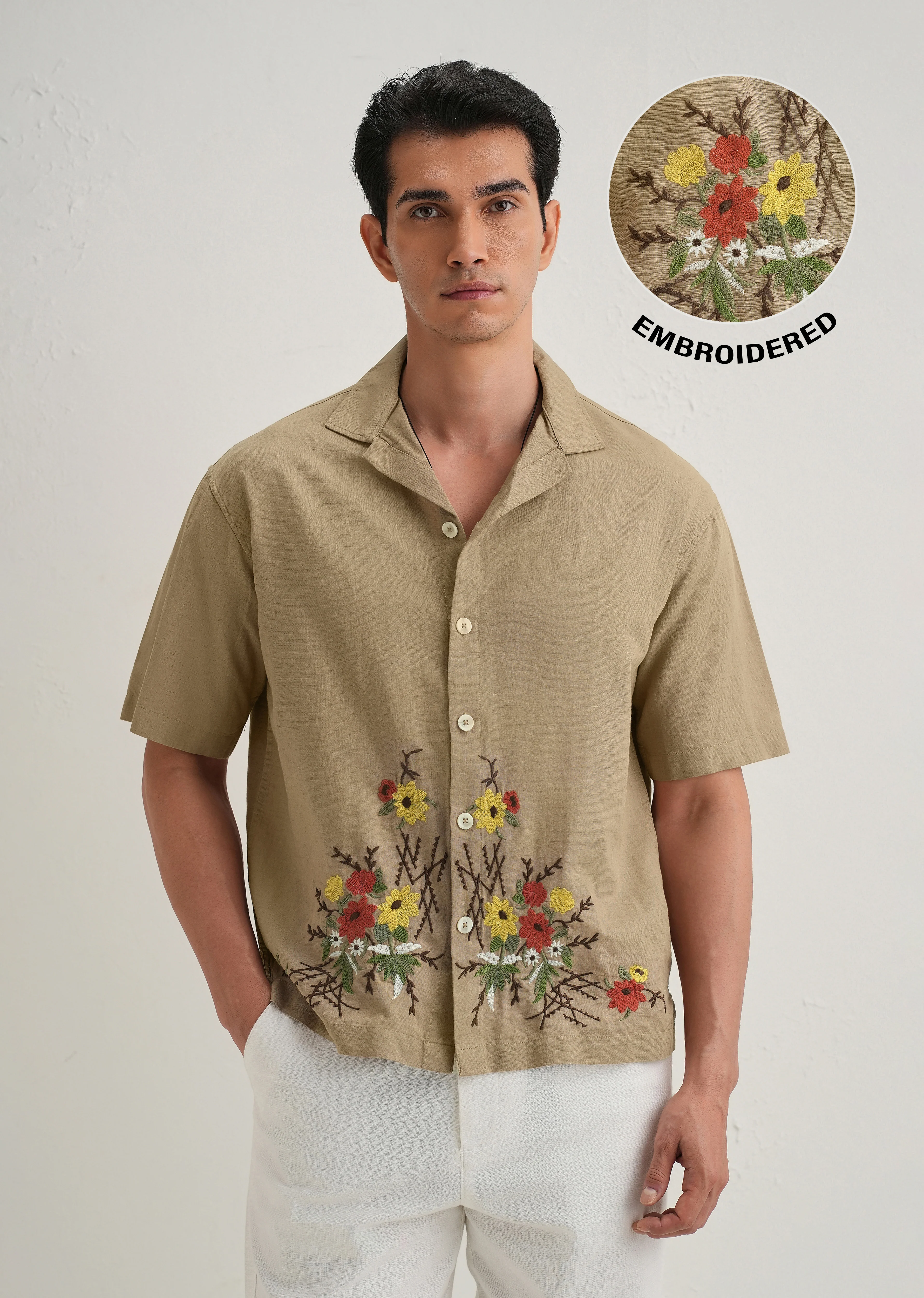 Tan Floral Embroidery Cotton Linen Shirt - Image 2