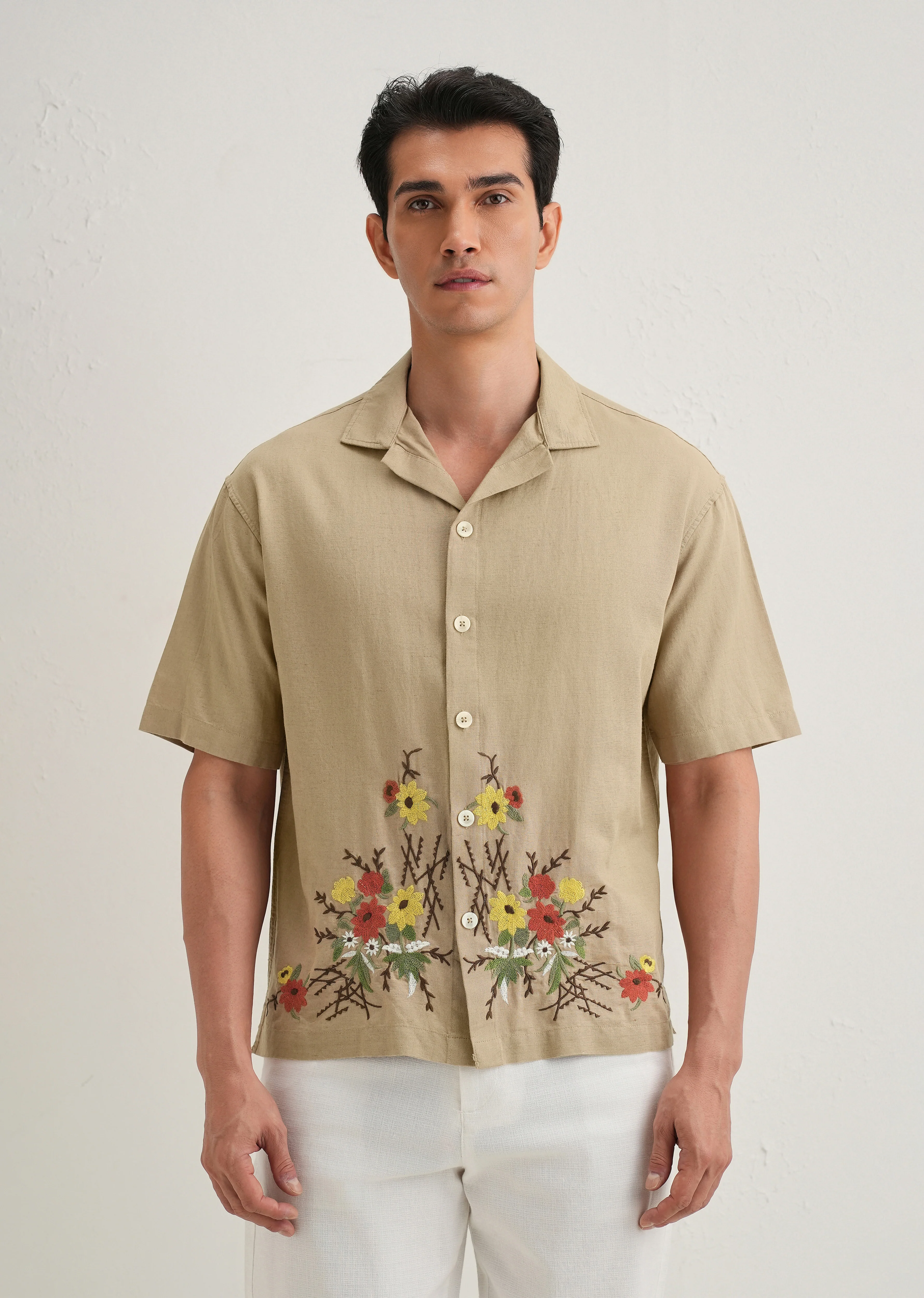 Tan Floral Embroidery Cotton Linen Shirt - Image 5