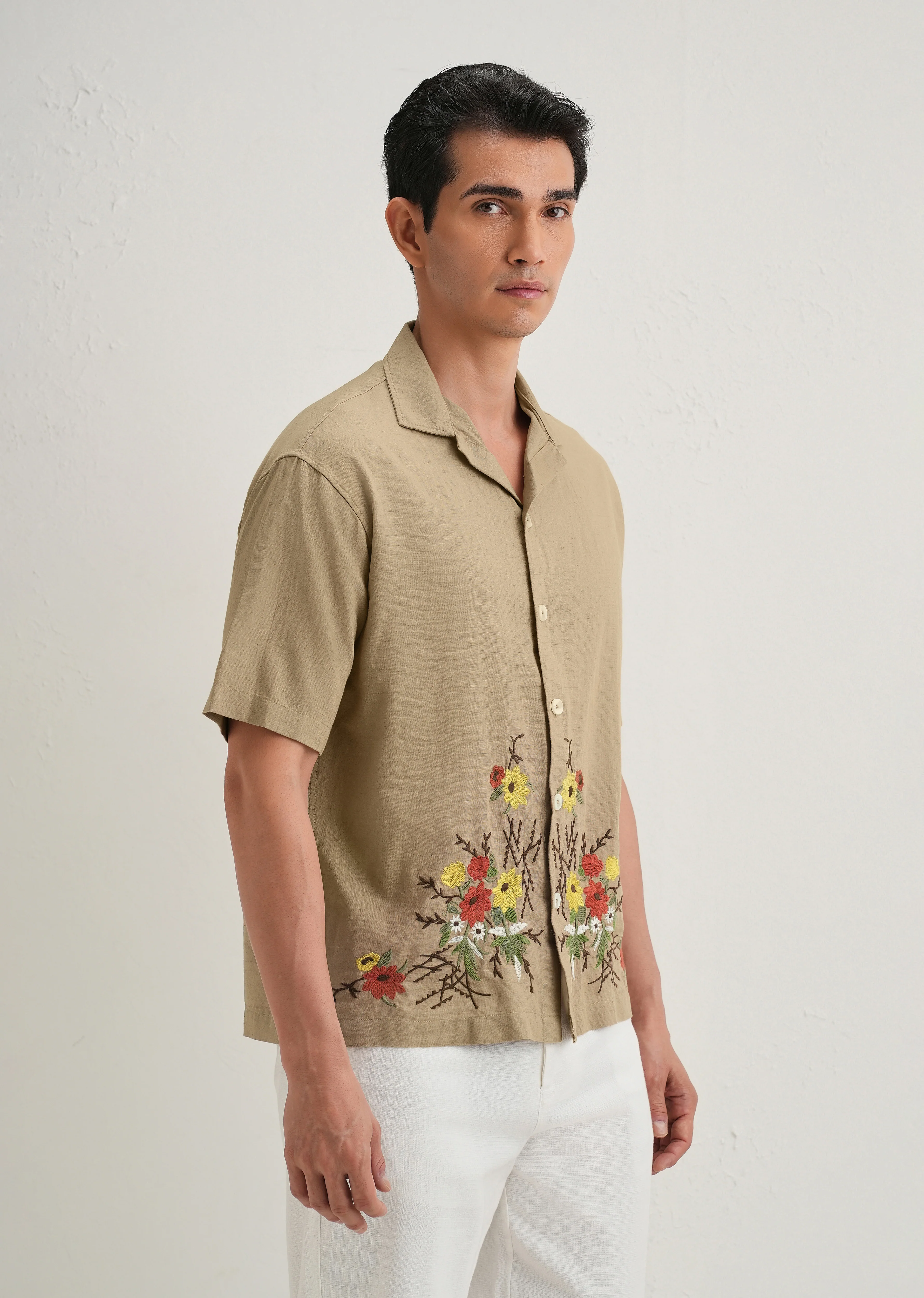 Tan Floral Embroidery Cotton Linen Shirt - Image 6