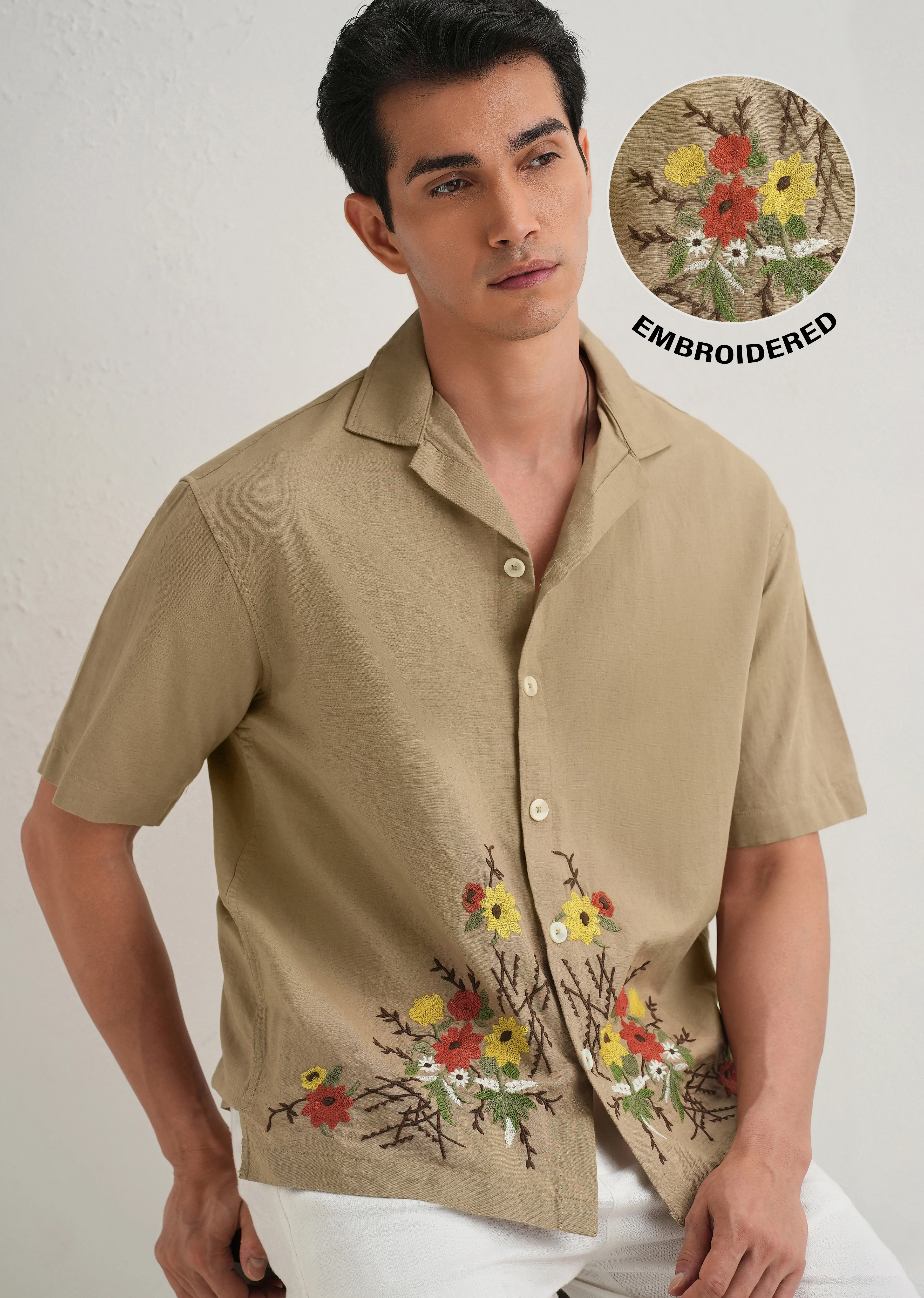 Tan Floral Embroidery Cotton Linen Shirt - Image 9