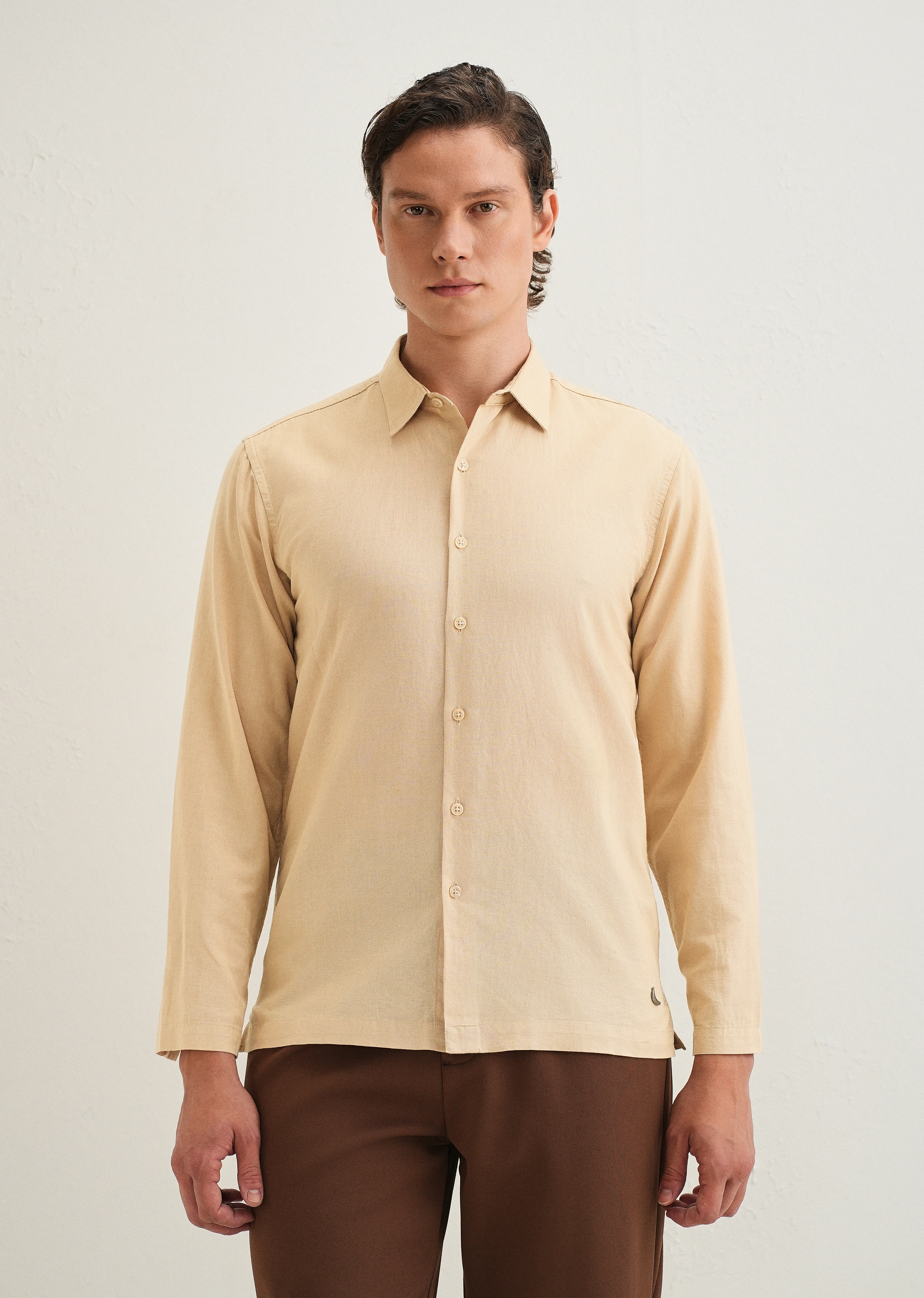 Tan Hidden Sleeve Placket Cotton Linen Shirt - Image 3