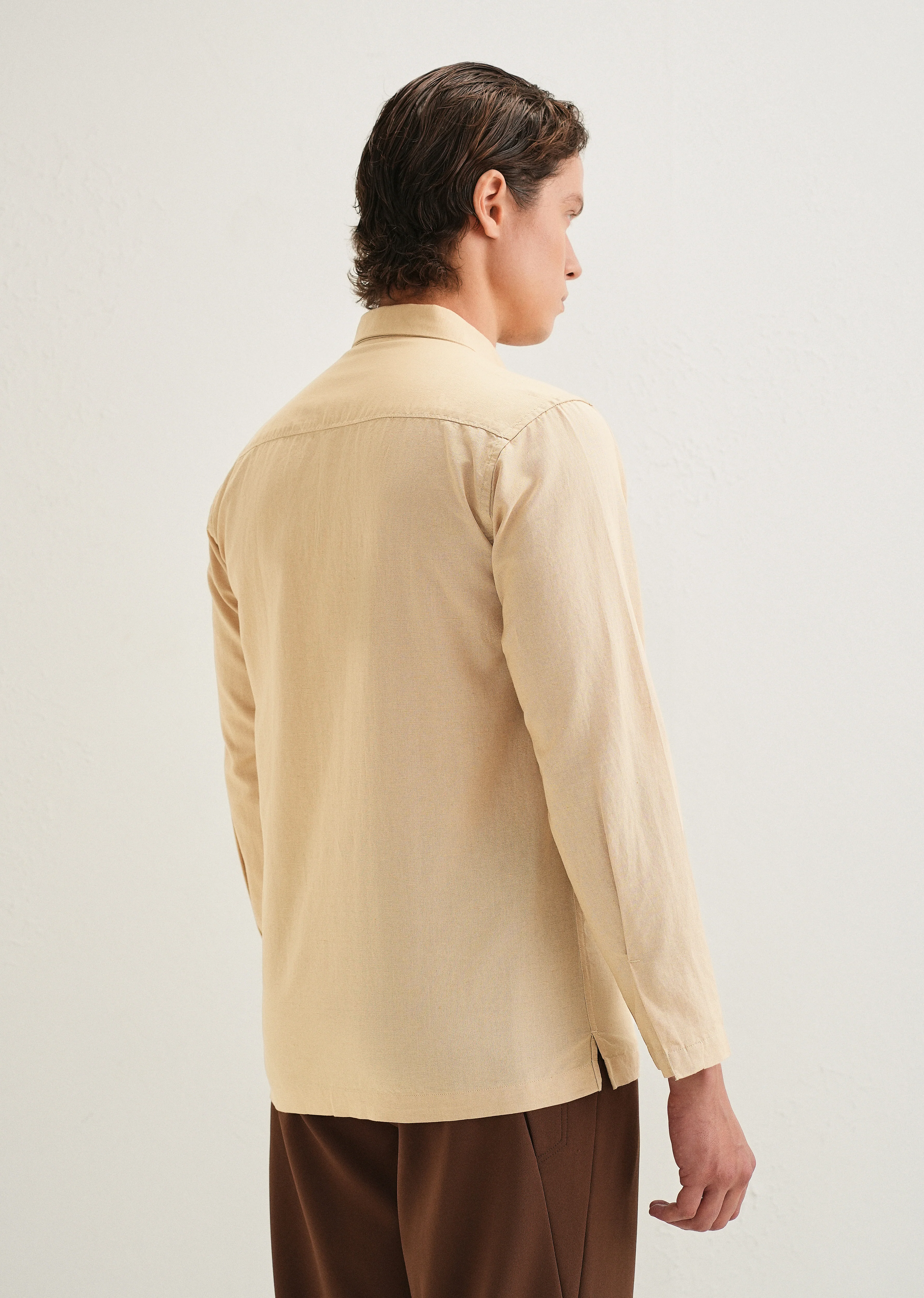 Tan Hidden Sleeve Placket Cotton Linen Shirt - Image 4