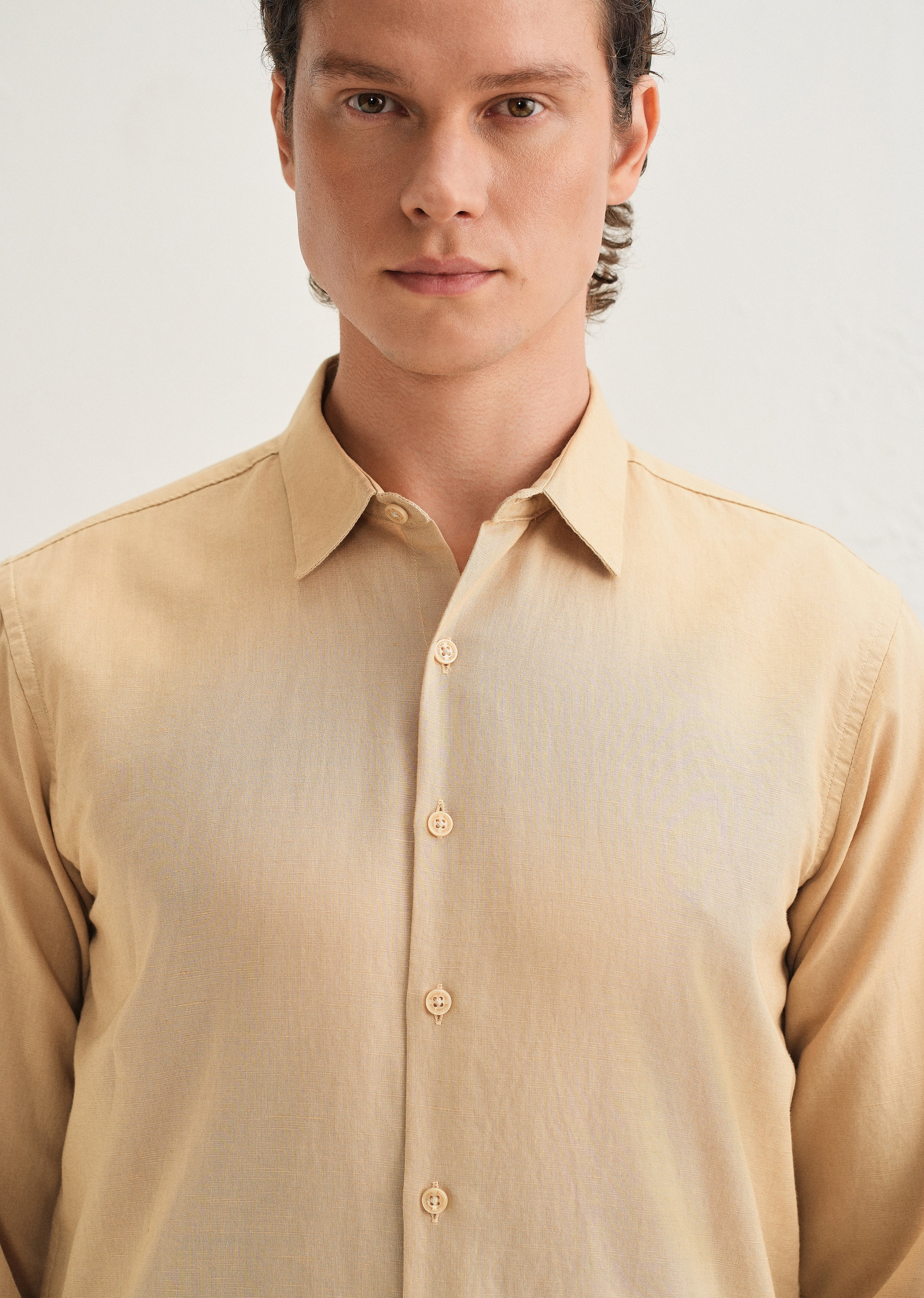 Tan Hidden Sleeve Placket Cotton Linen Shirt - Image 6