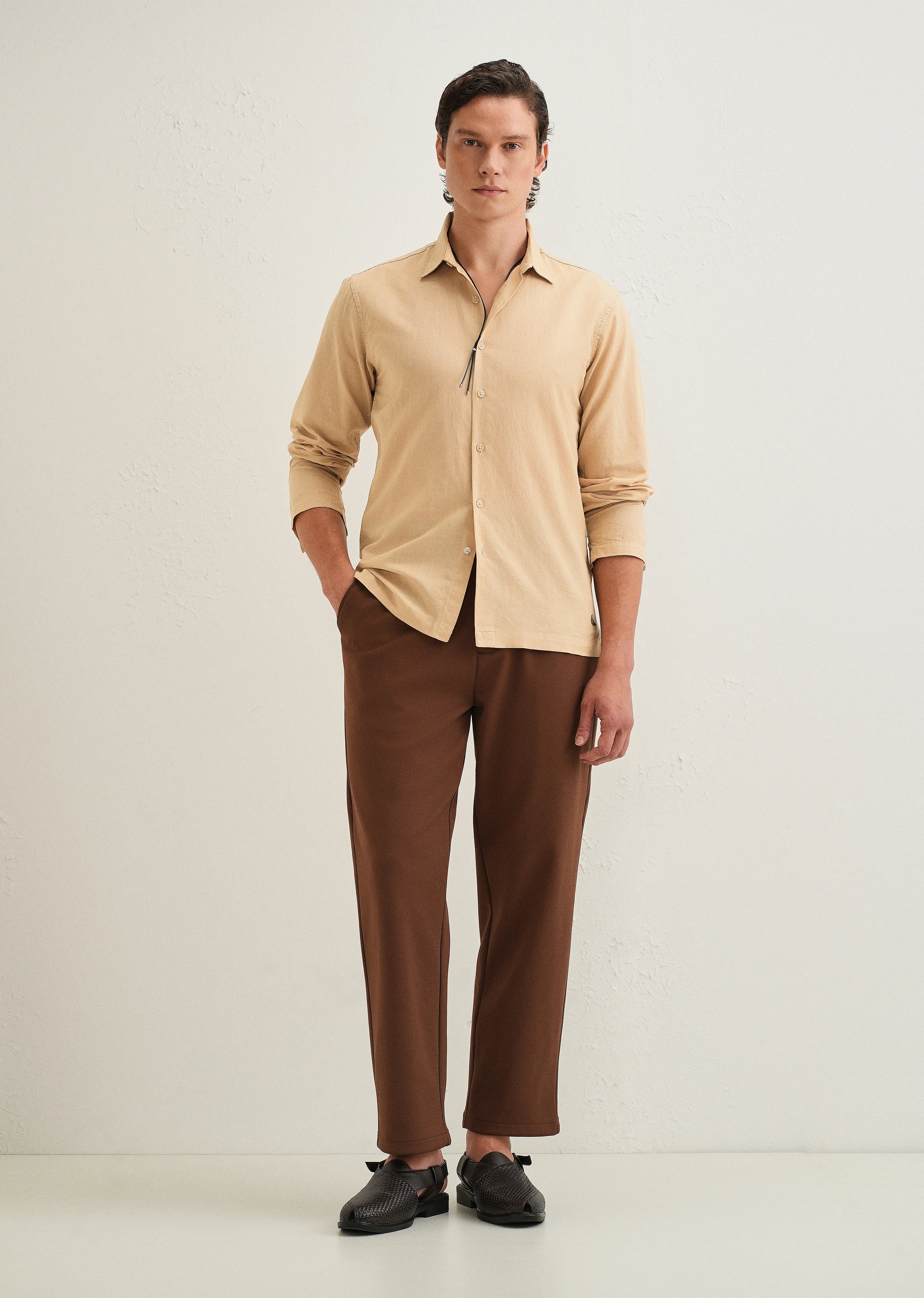 Tan Hidden Sleeve Placket Cotton Linen Shirt - Image 8