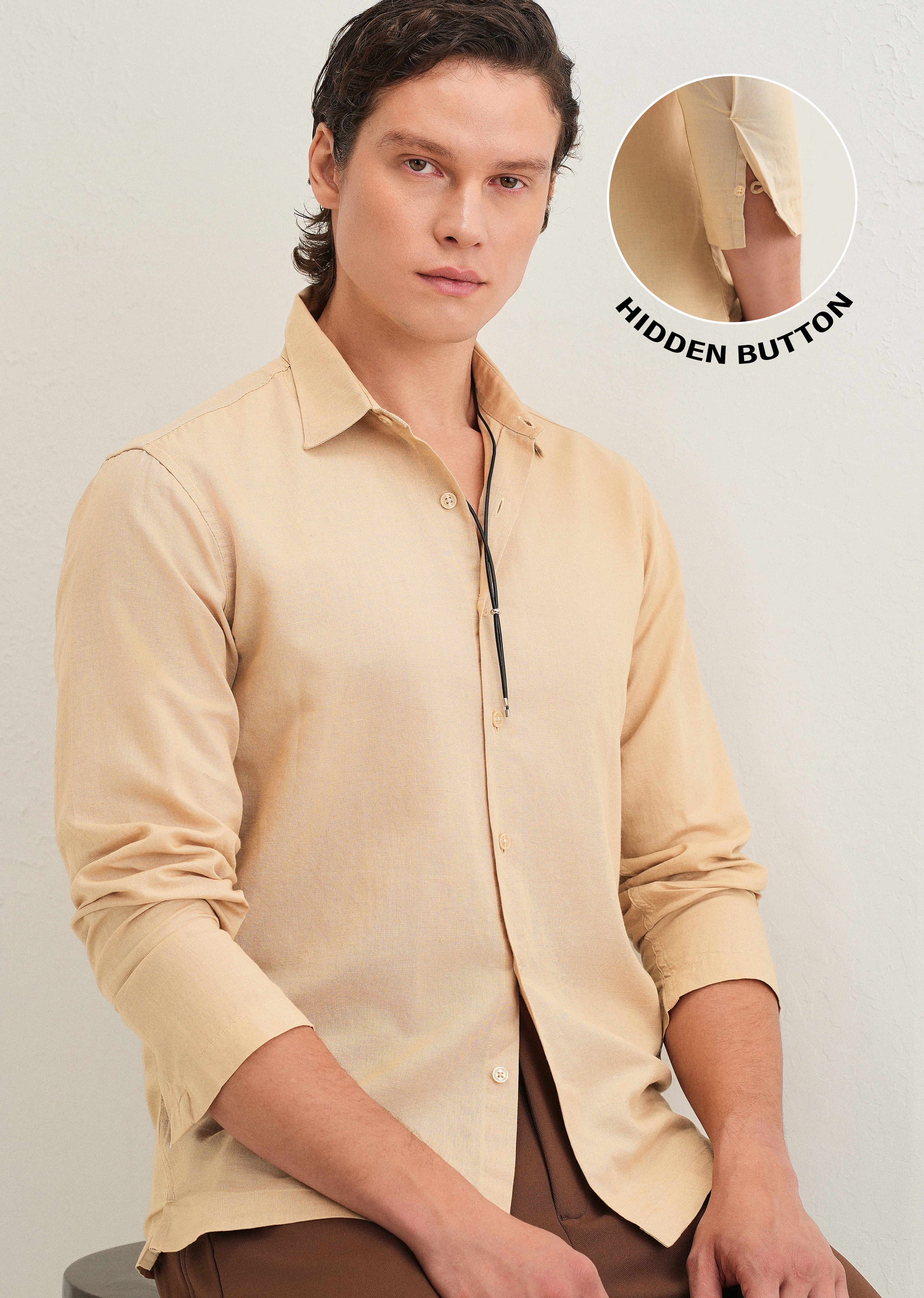 Tan Hidden Sleeve Placket Cotton Linen Shirt - Image 9