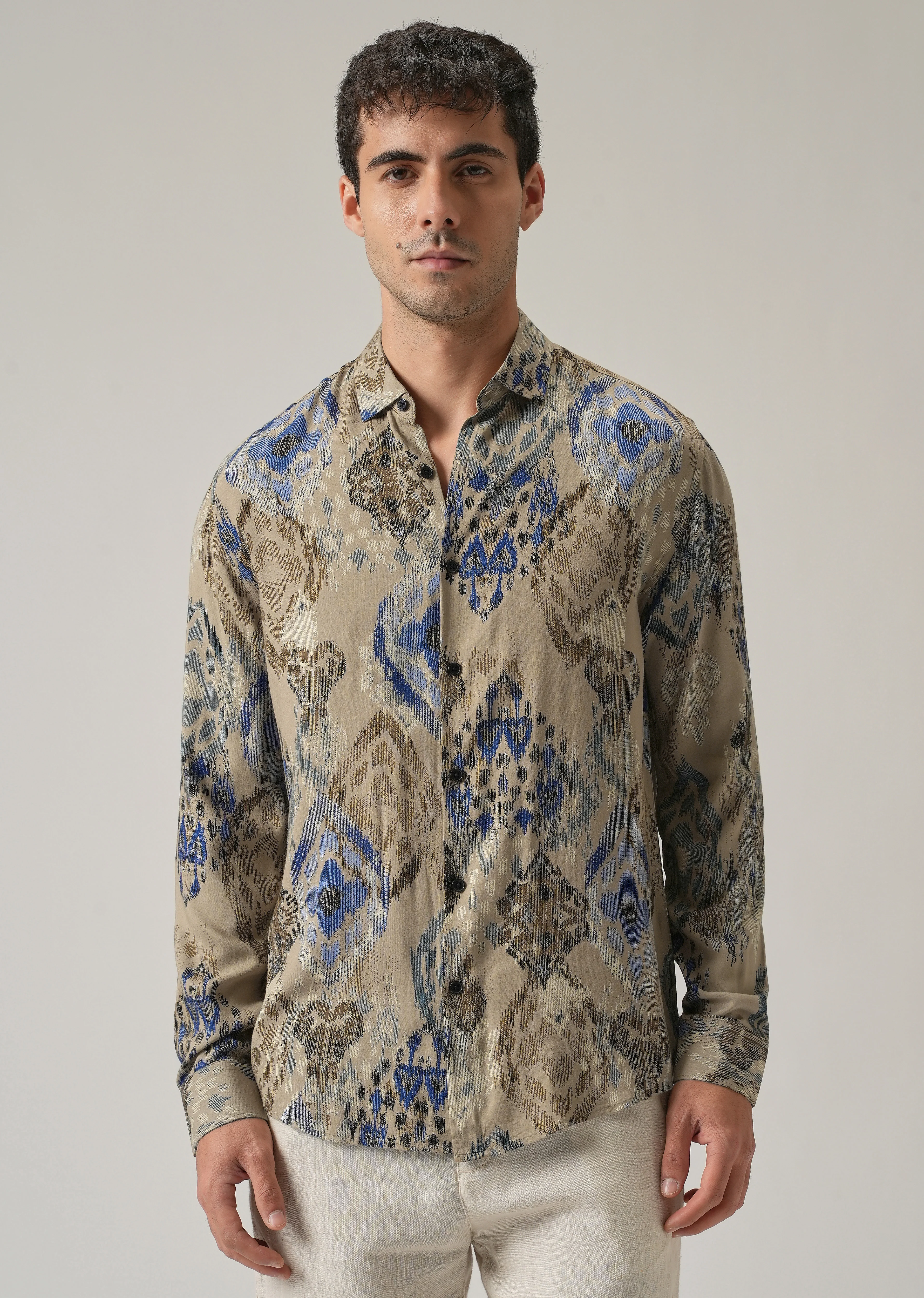 Tan Ikat Motif Print Feather Shirt - Image 3