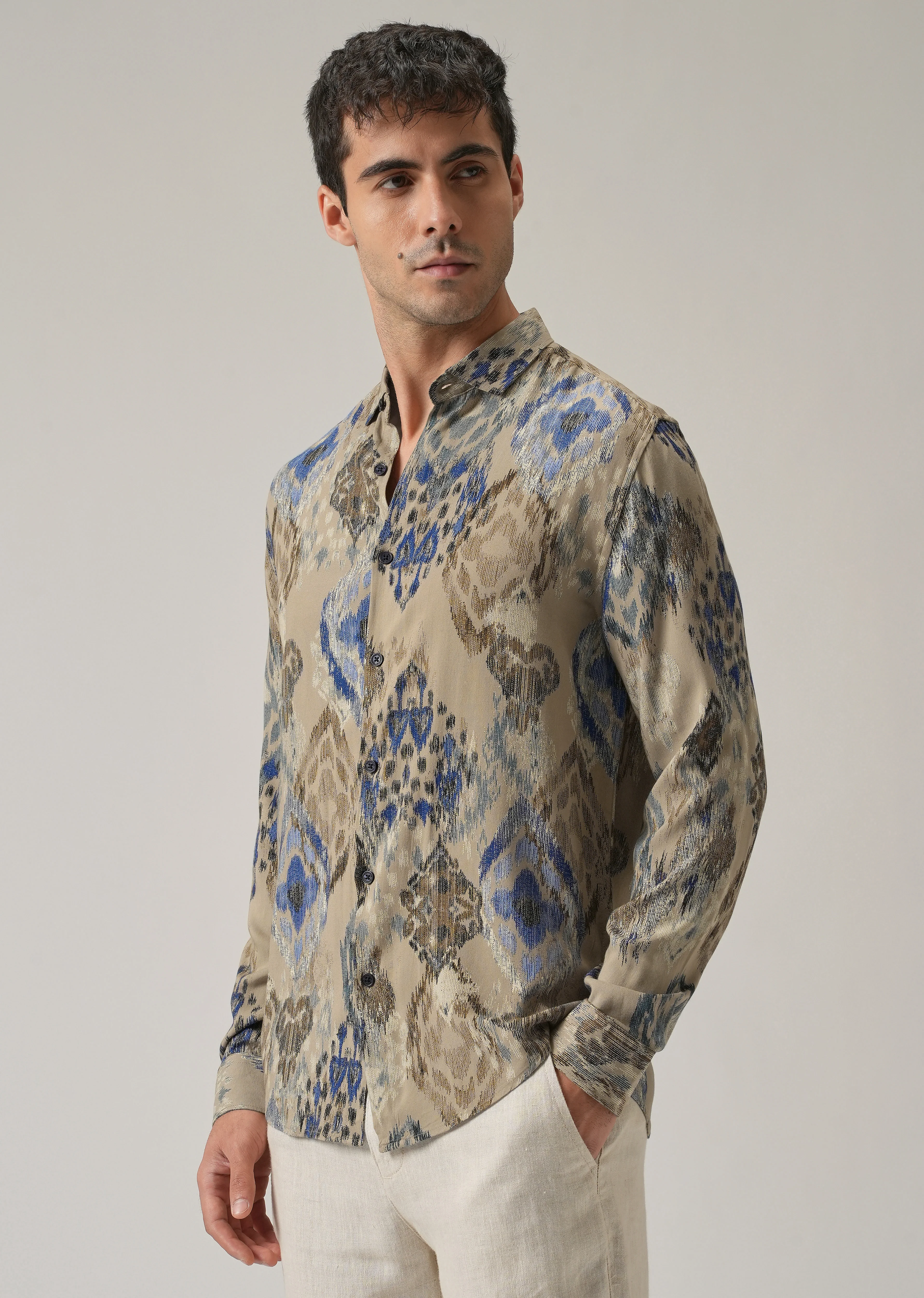 Tan Ikat Motif Print Feather Shirt - Image 4