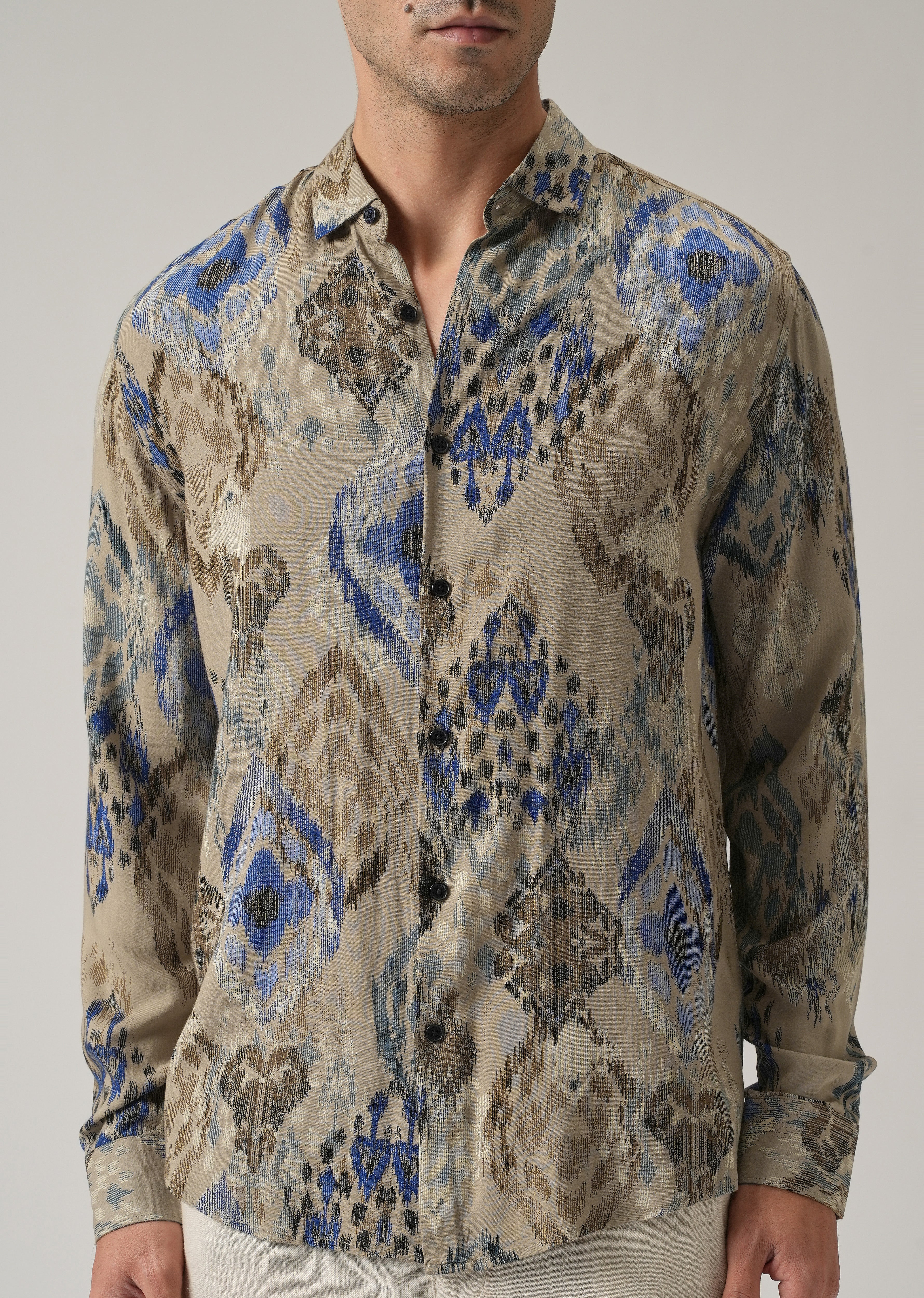 Tan Ikat Motif Print Feather Shirt - Image 7