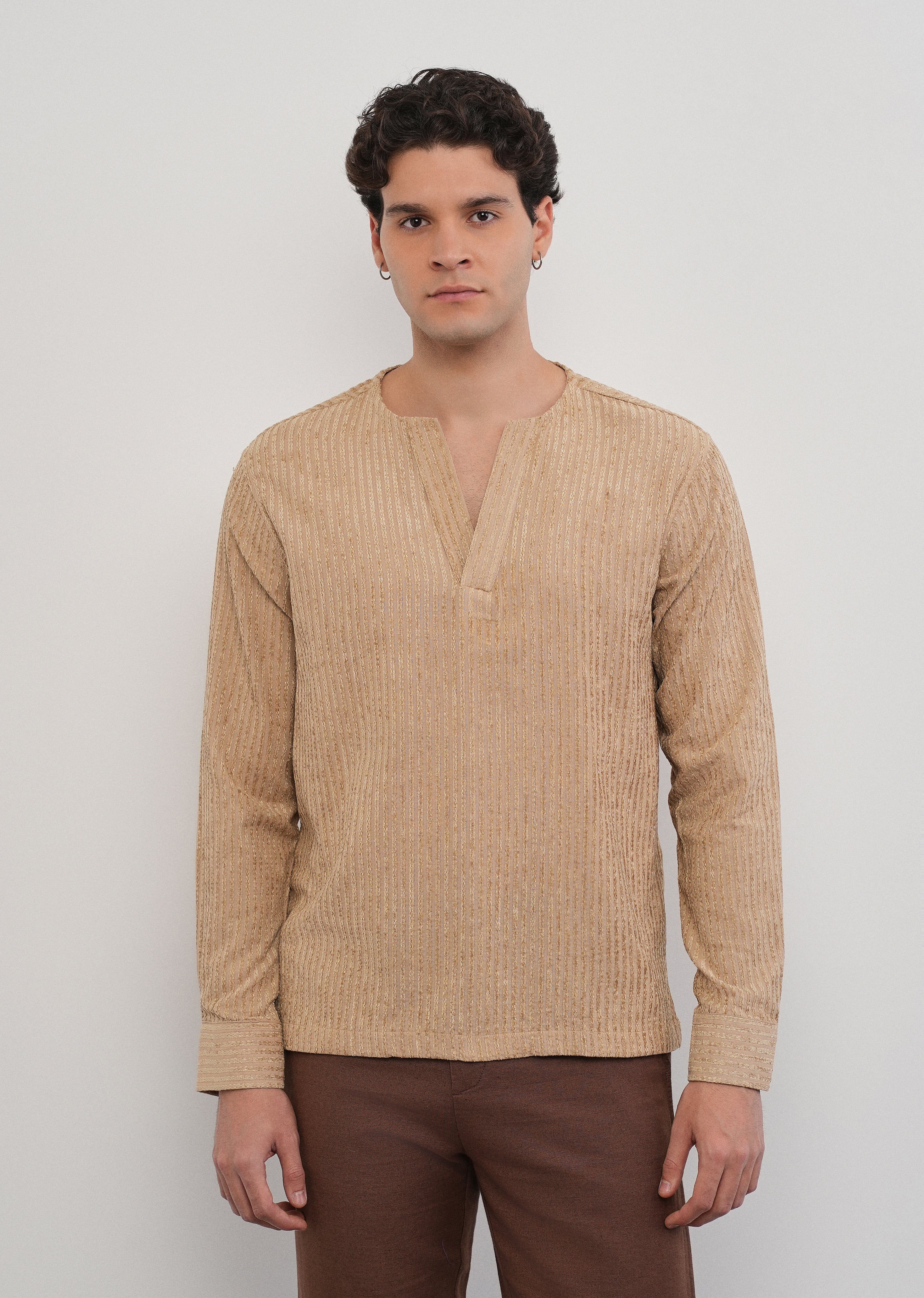 Tan Jacquard Stripe Short Kurta - Image 4