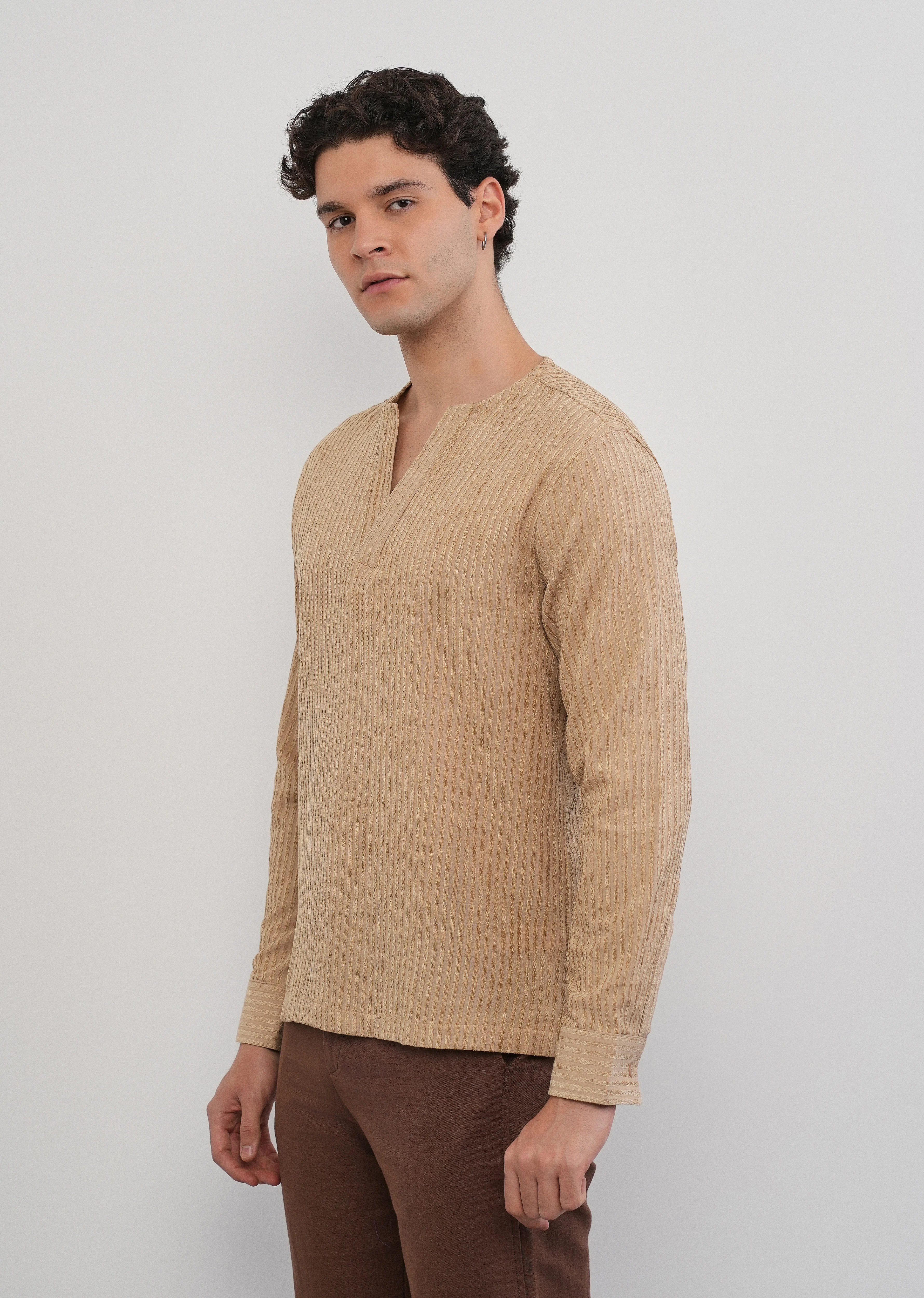 Tan Jacquard Stripe Short Kurta - Image 5
