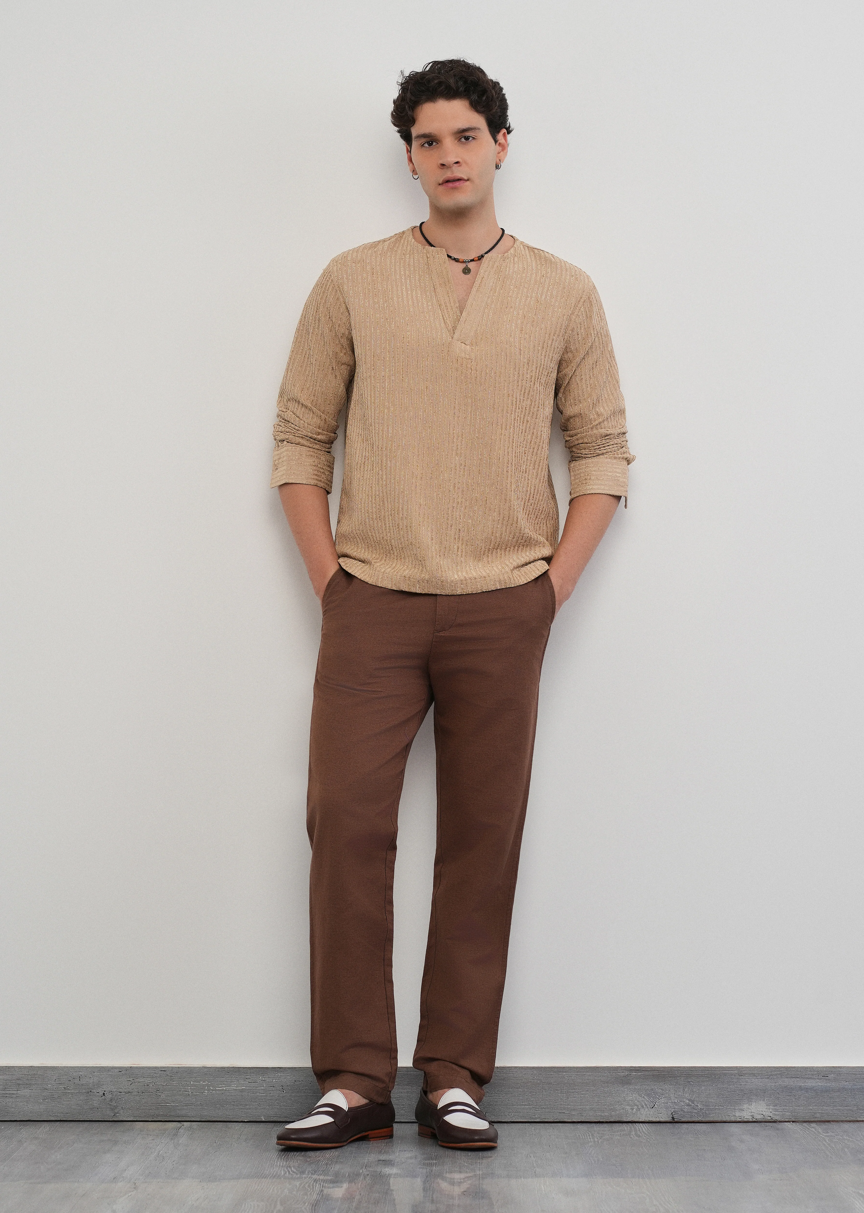 Tan Jacquard Stripe Short Kurta - Image 6