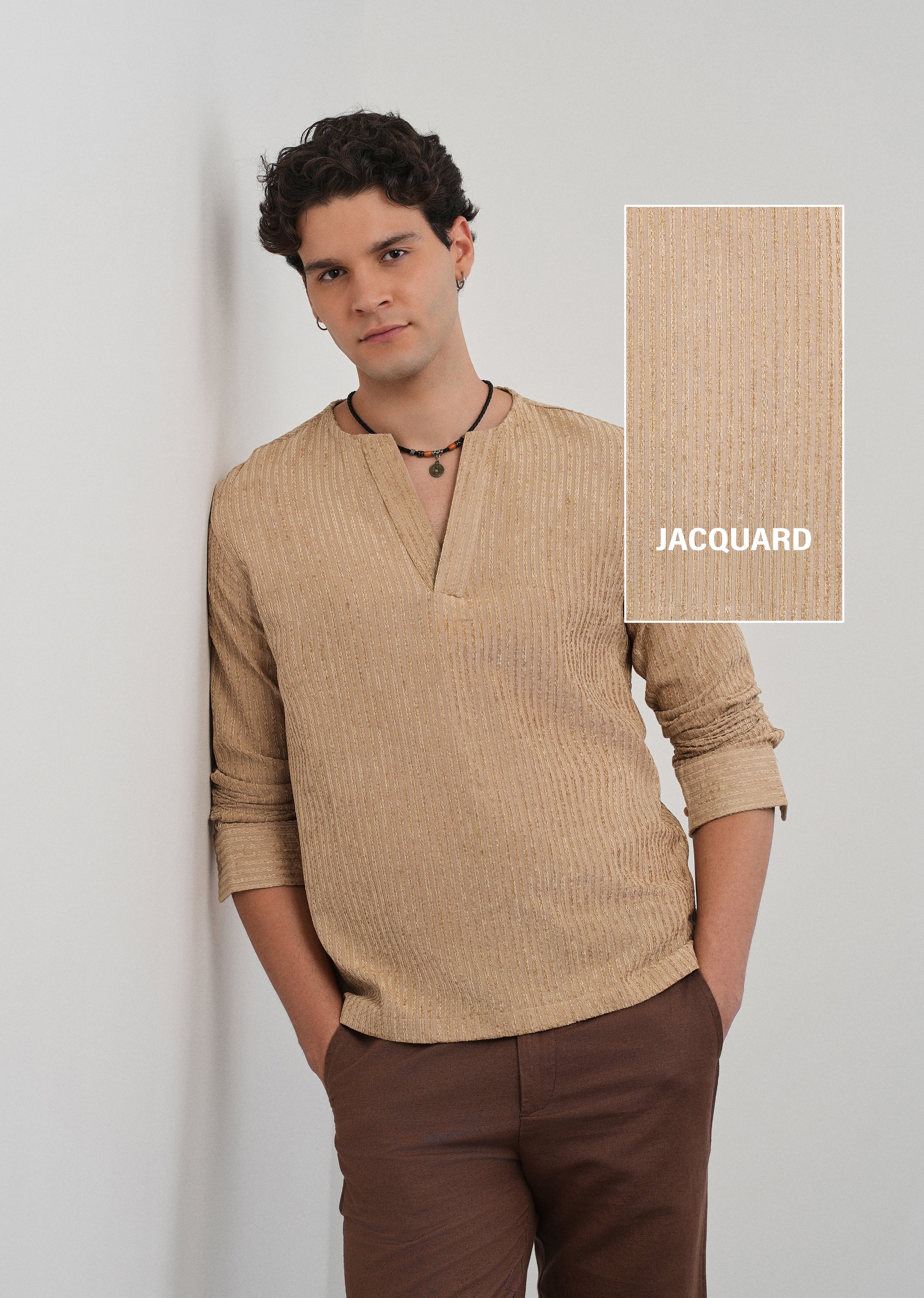 Tan Jacquard Stripe Short Kurta - Image 7