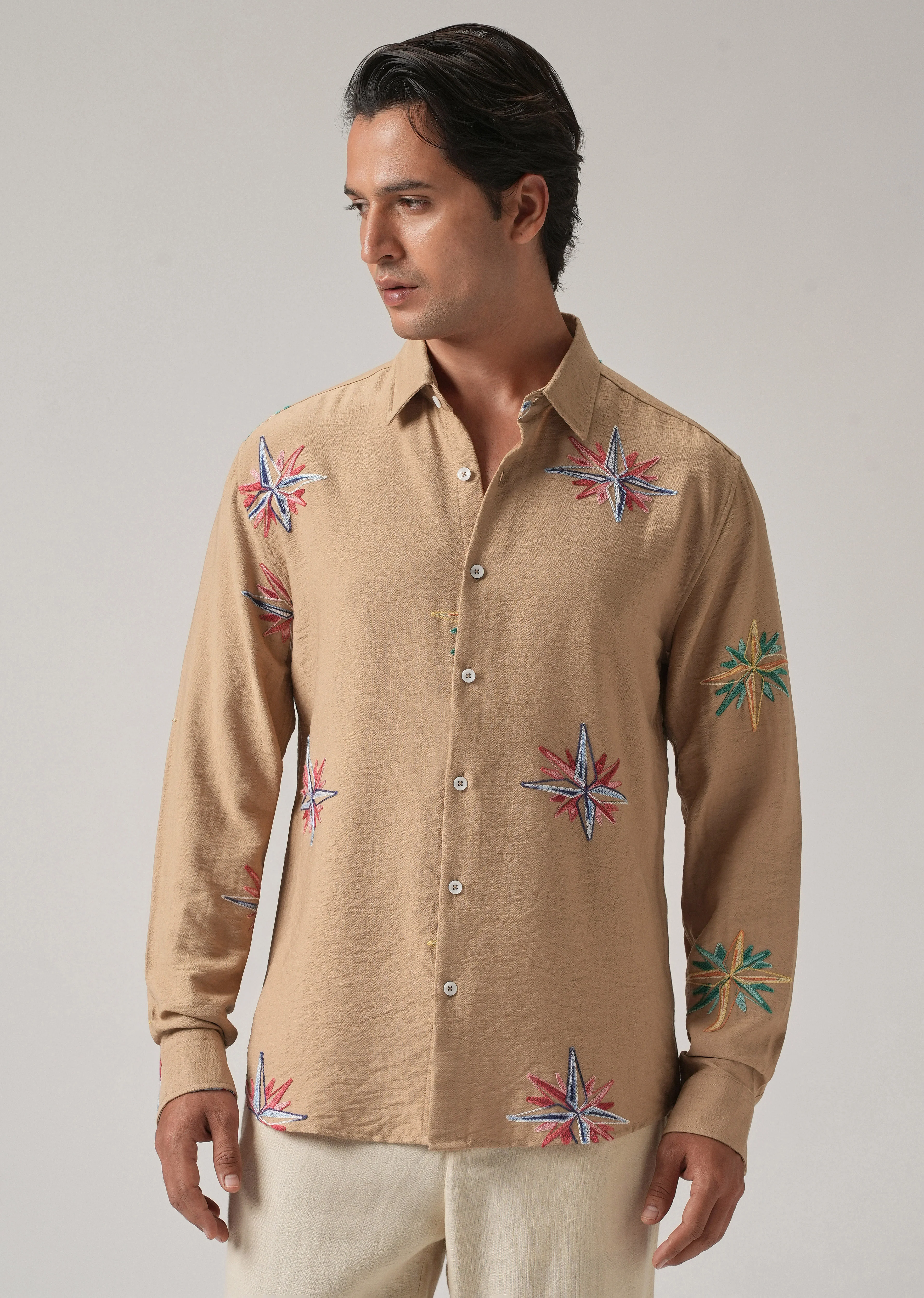 Tan Nautical Star Embroidery Shirt - Image 4