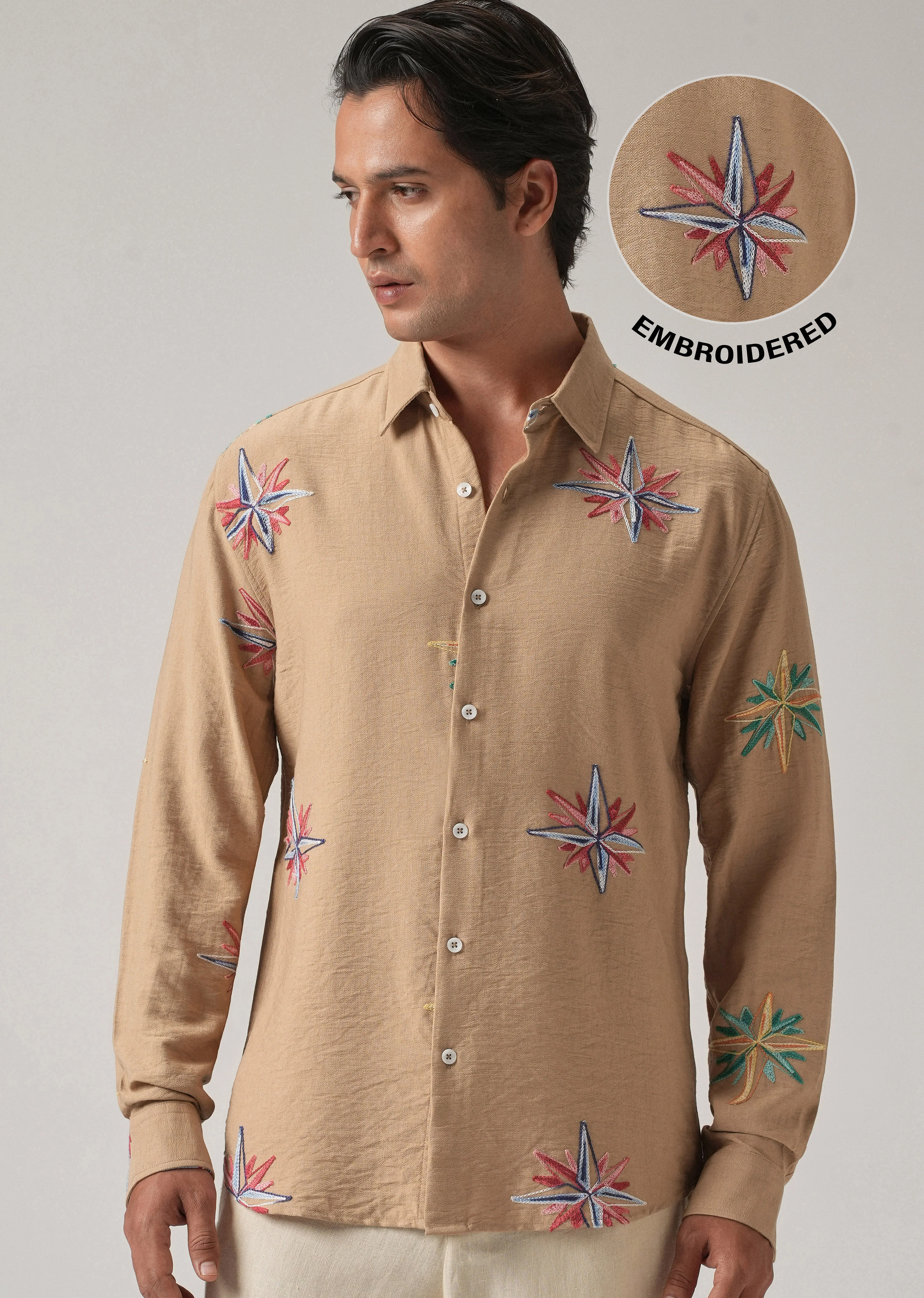 Tan Nautical Star Embroidery Shirt - Image 8