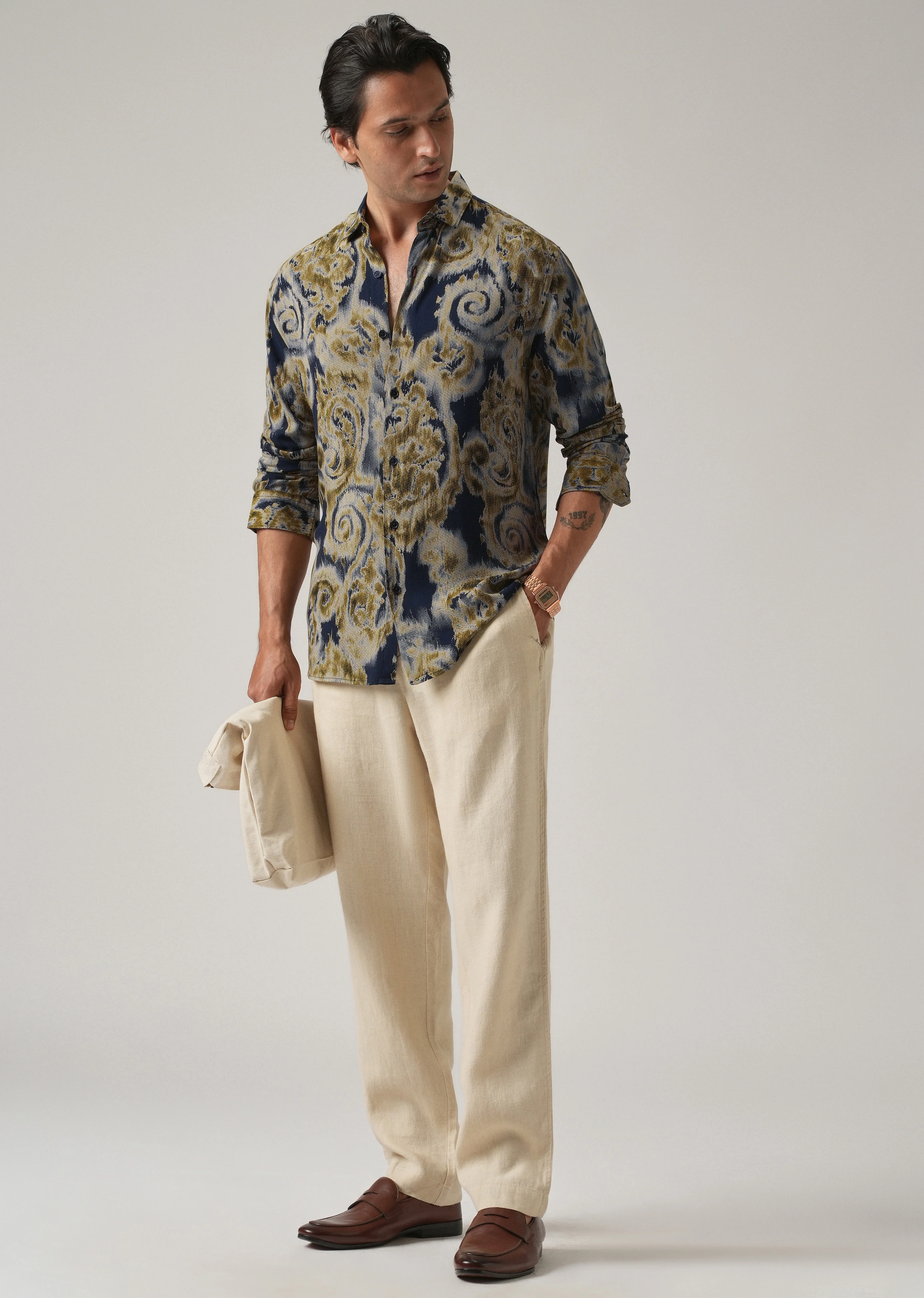 Tan Olive Distort Paisley Print Feather Shirt - Image 6