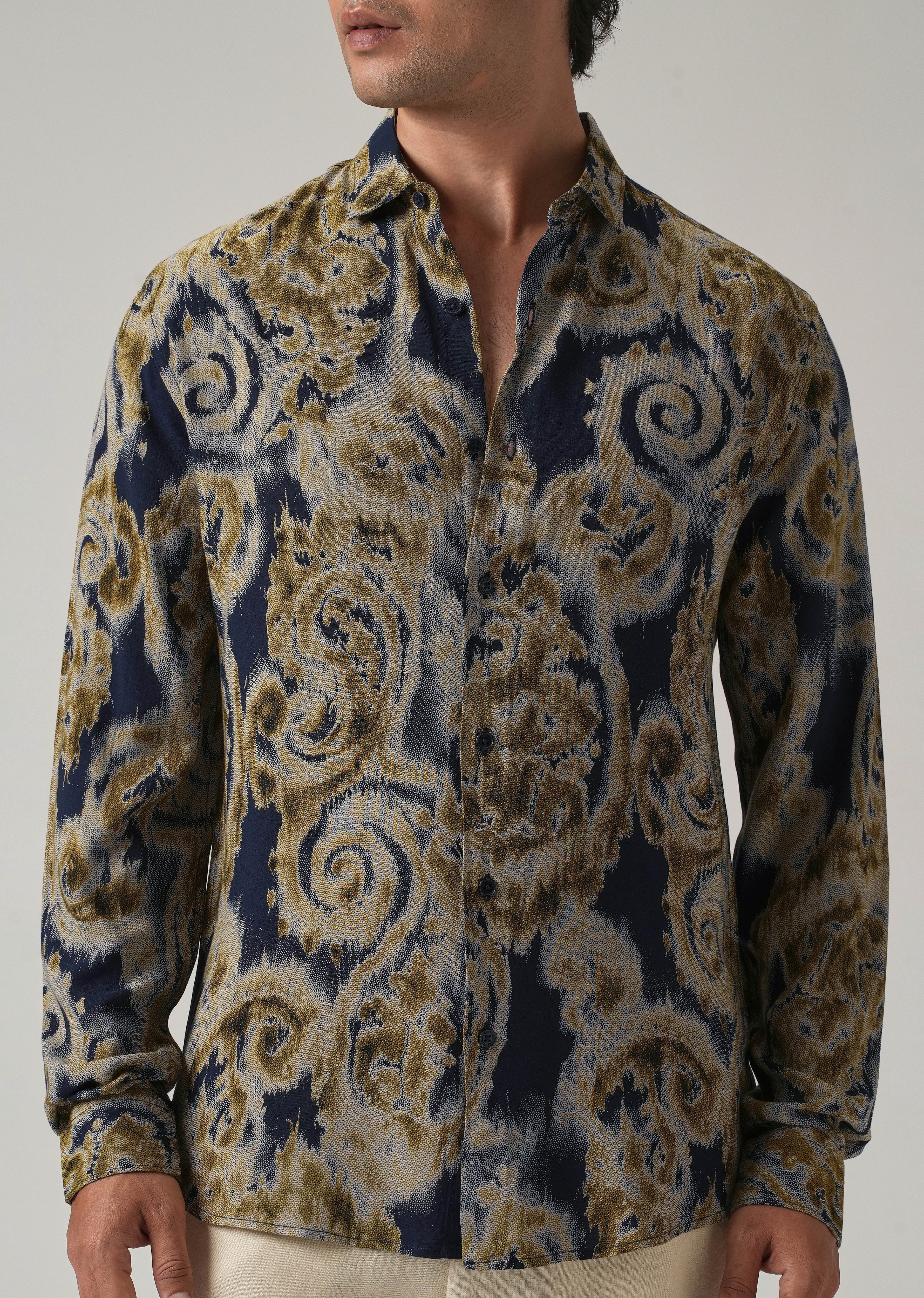 Tan Olive Distort Paisley Print Feather Shirt - Image 7