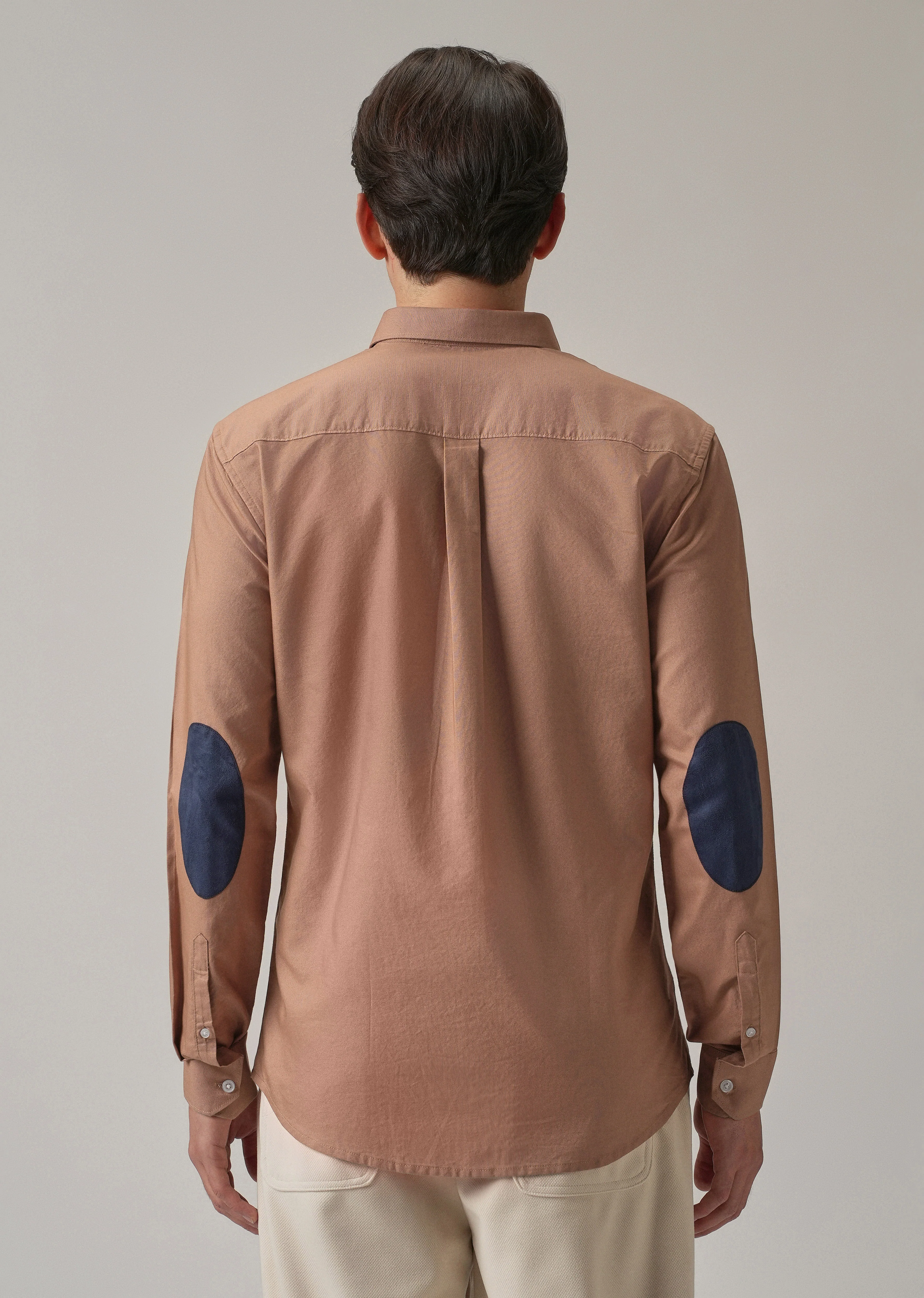 Tan Peach Plain Elbow Patch Oxford Shirt - Image 3