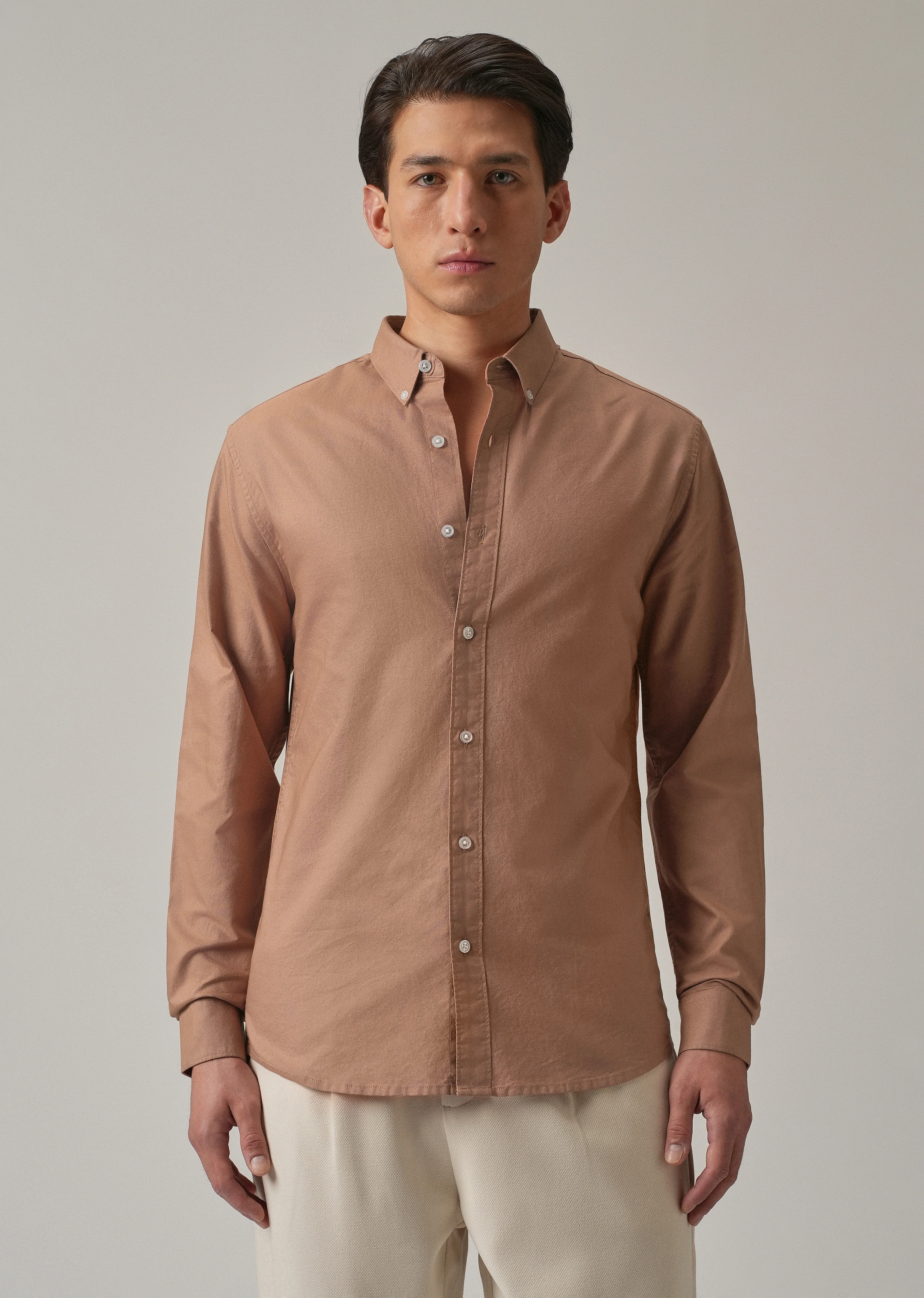 Tan Peach Plain Elbow Patch Oxford Shirt - Image 4