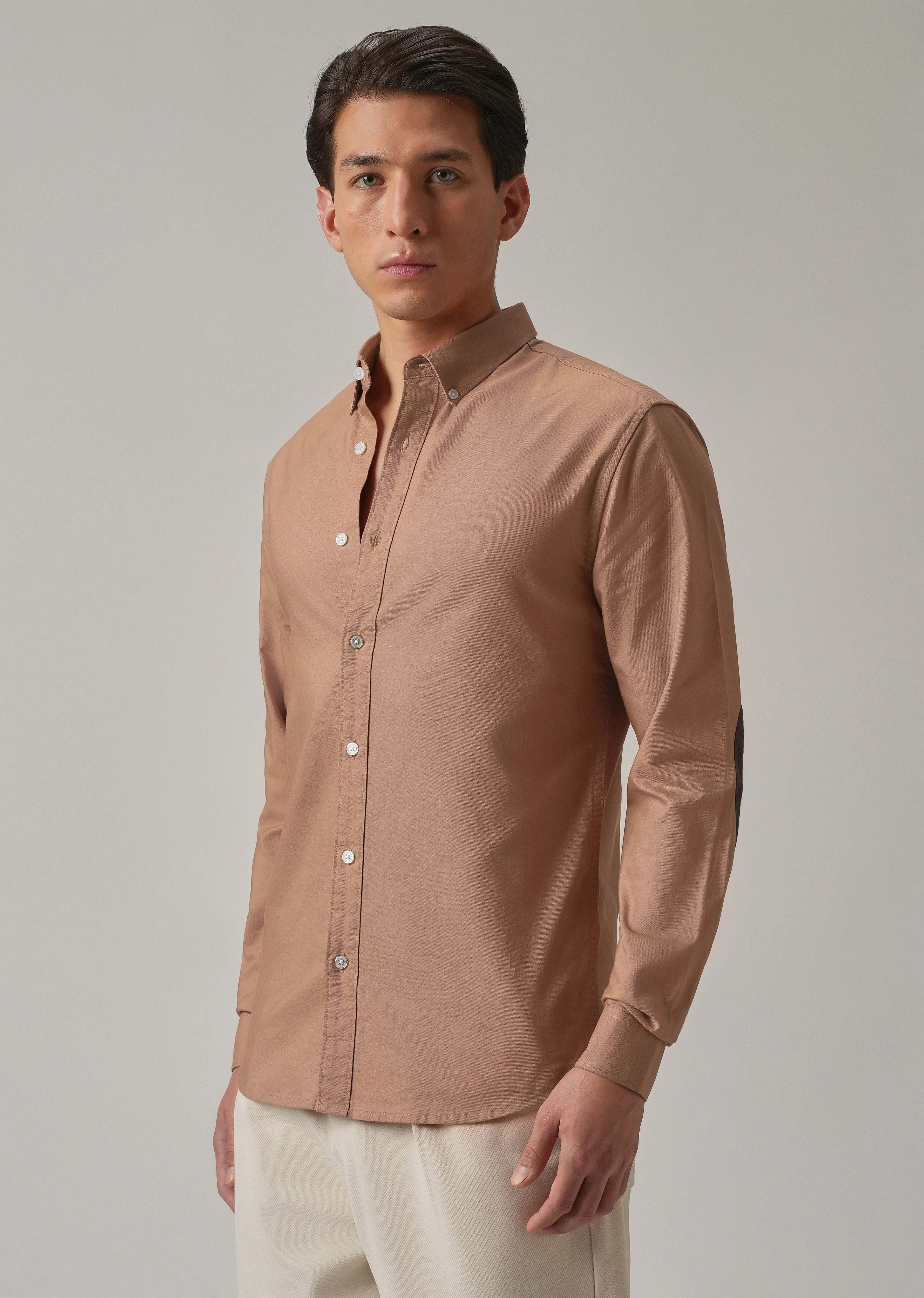Tan Peach Plain Elbow Patch Oxford Shirt - Image 5