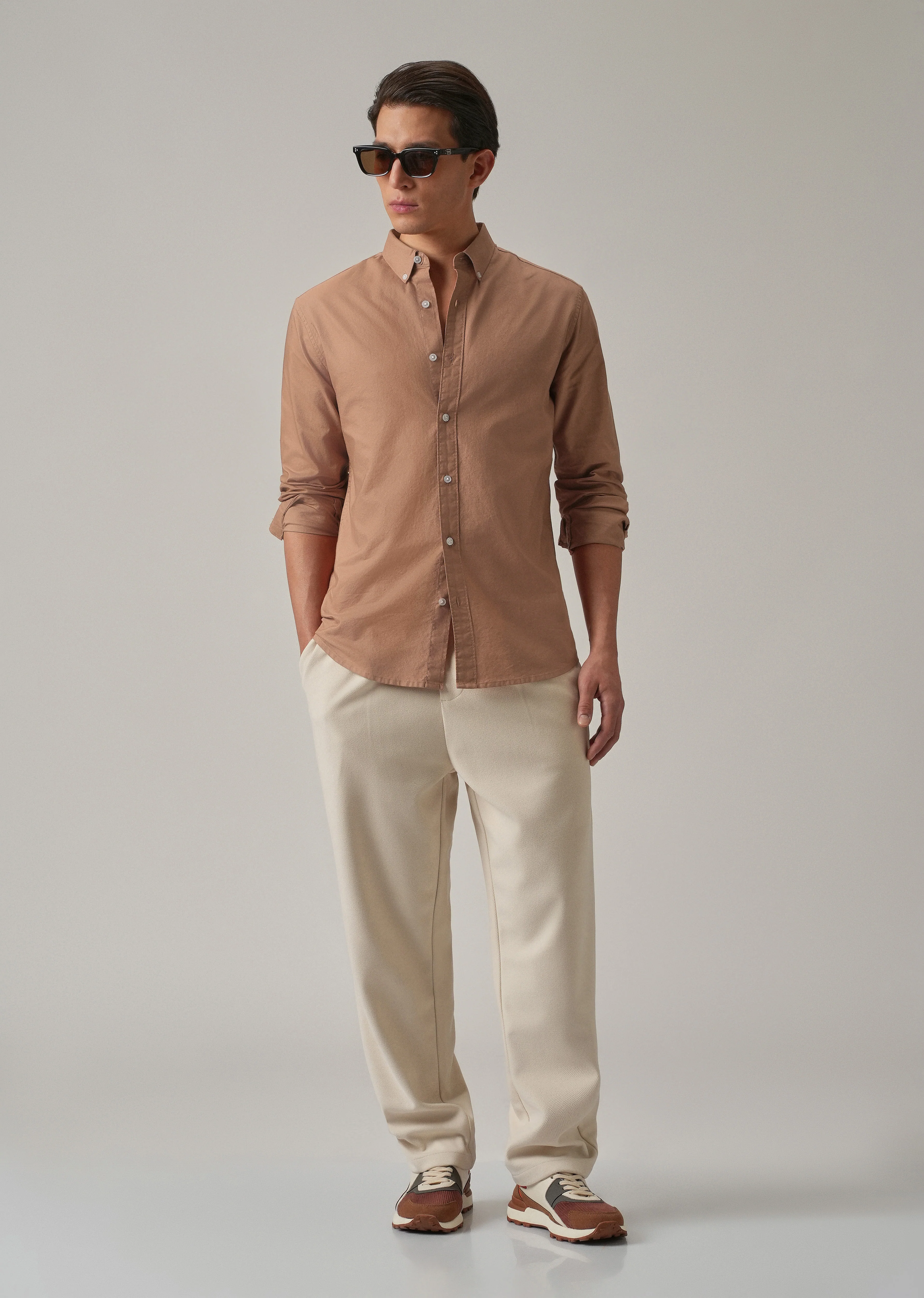 Tan Peach Plain Elbow Patch Oxford Shirt - Image 8